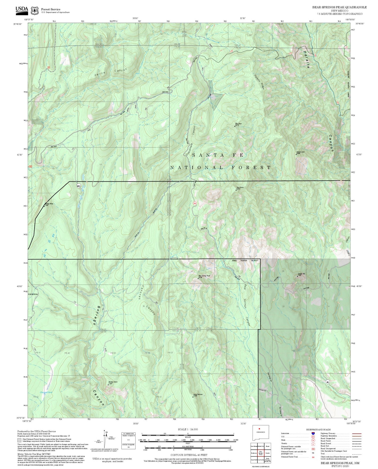 2025 Forest Service Topo Map of Bear Springs Peak New Mexico
