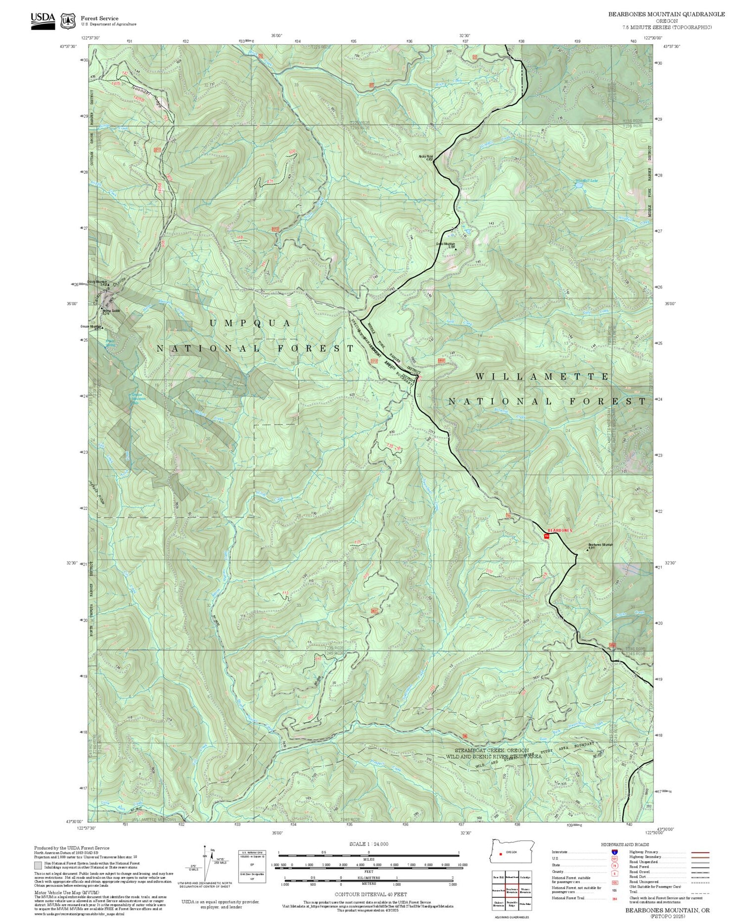 2025 Forest Service Topo Map of Bearbones Mountain Oregon