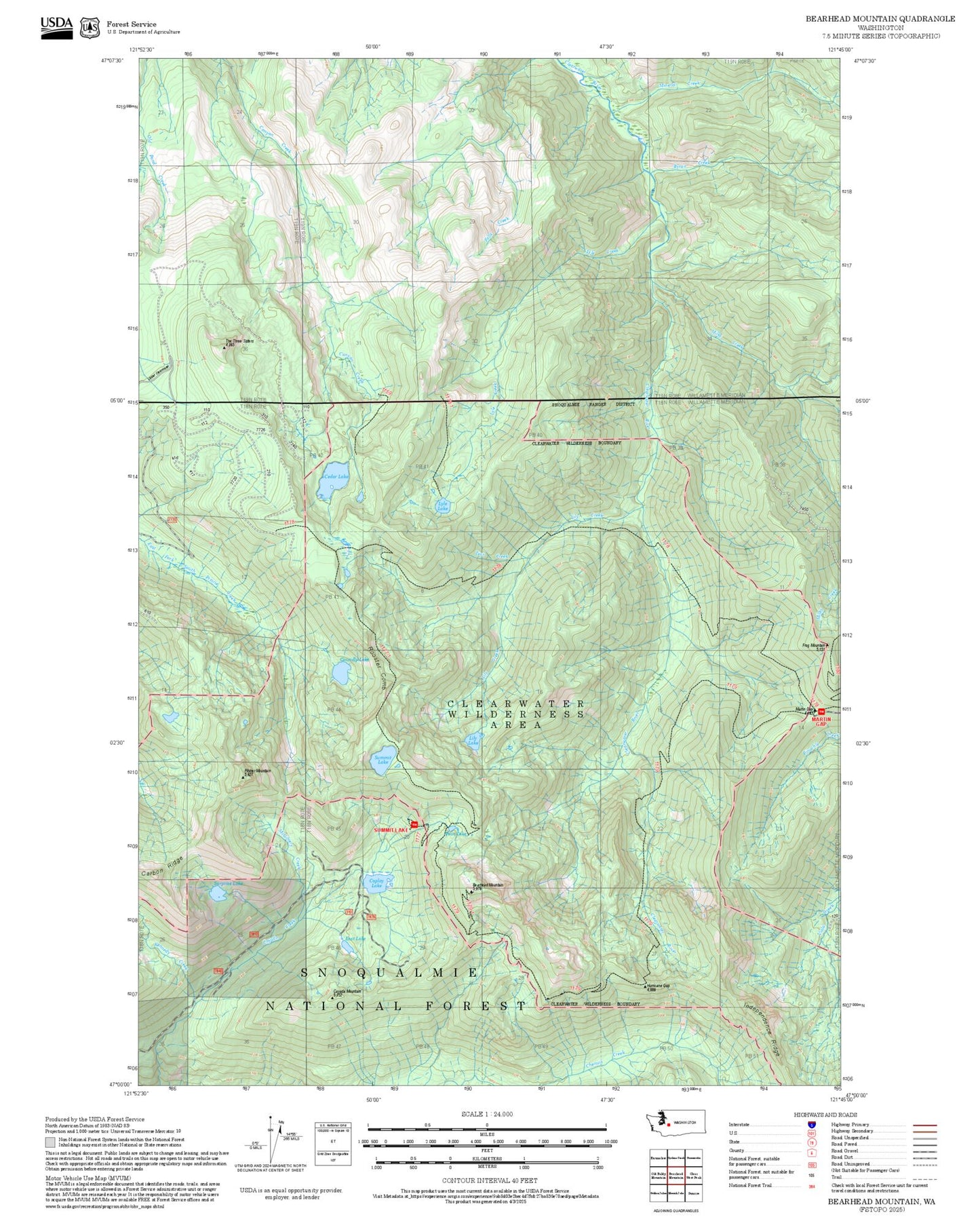 2025 Forest Service Topo Map of Bearhead Mountain Washington