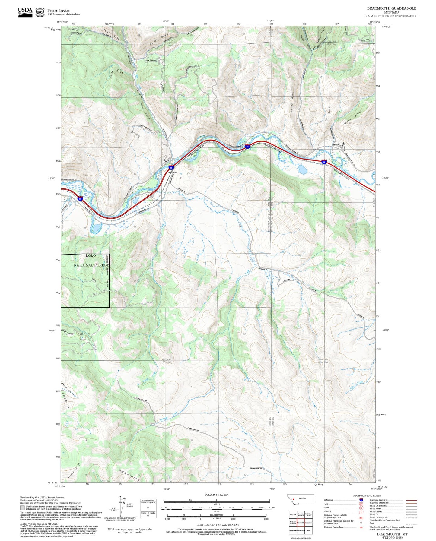 2025 Forest Service Topo Map of Bearmouth Montana