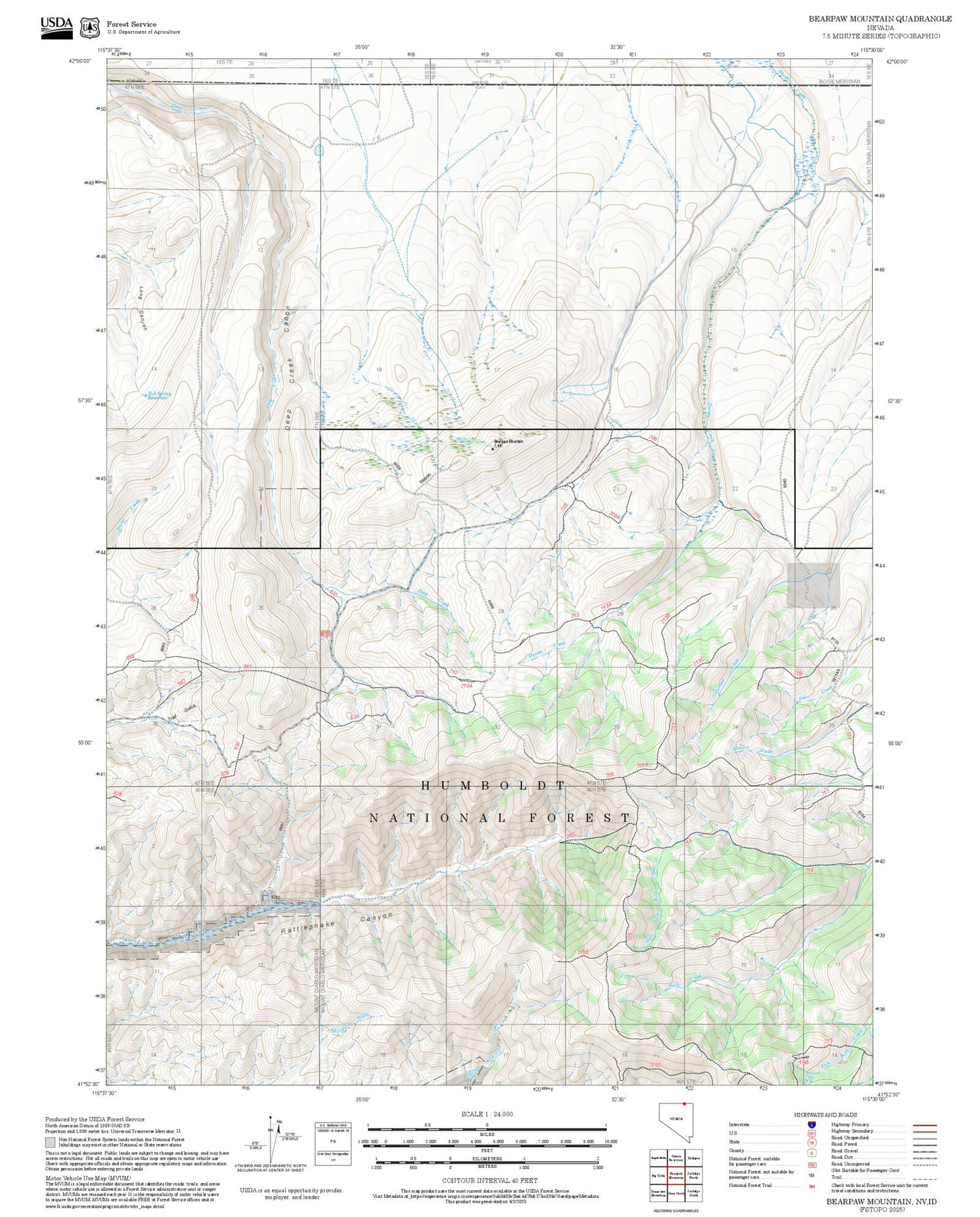 2025 Forest Service Topo Map of Bearpaw Mountain Nevada