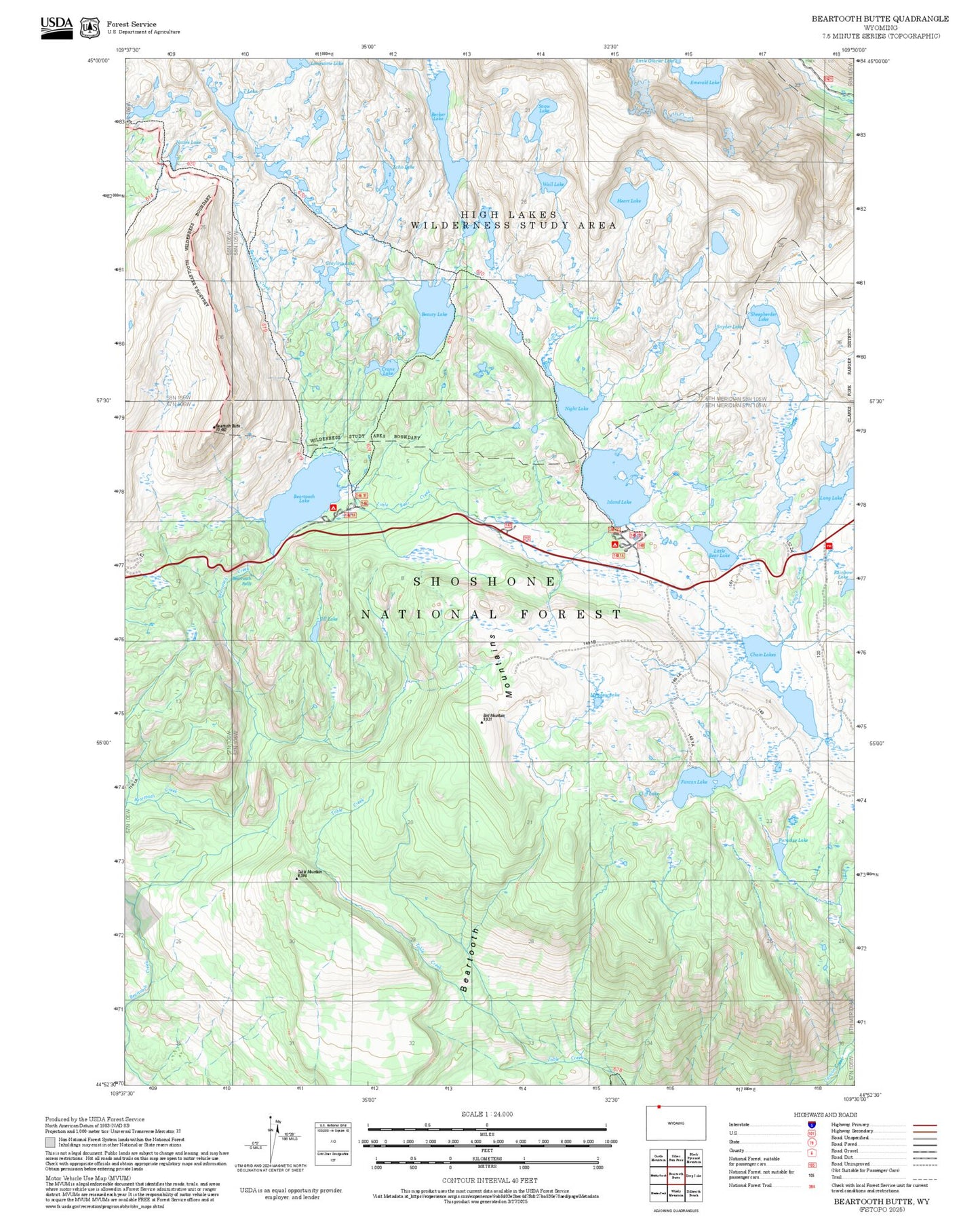 2025 Forest Service Topo Map of Beartooth Butte Wyoming