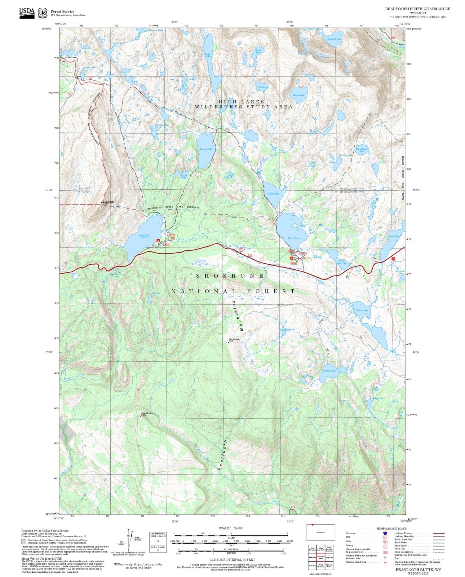 2025 Forest Service Topo Map of Beartooth Butte Wyoming