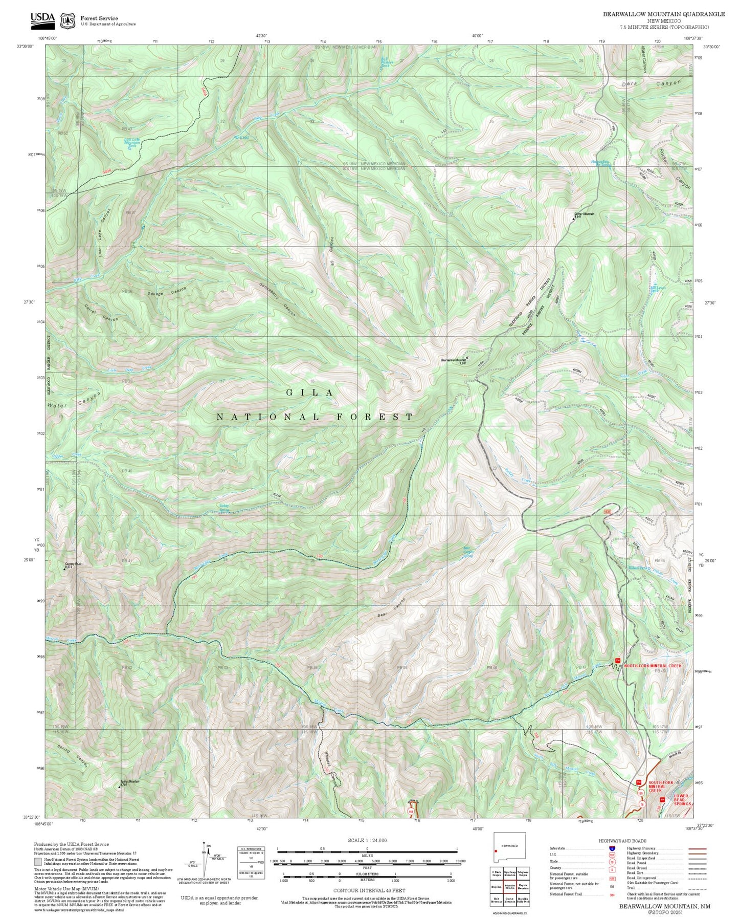 2025 Forest Service Topo Map of Bearwallow Mountain New Mexico