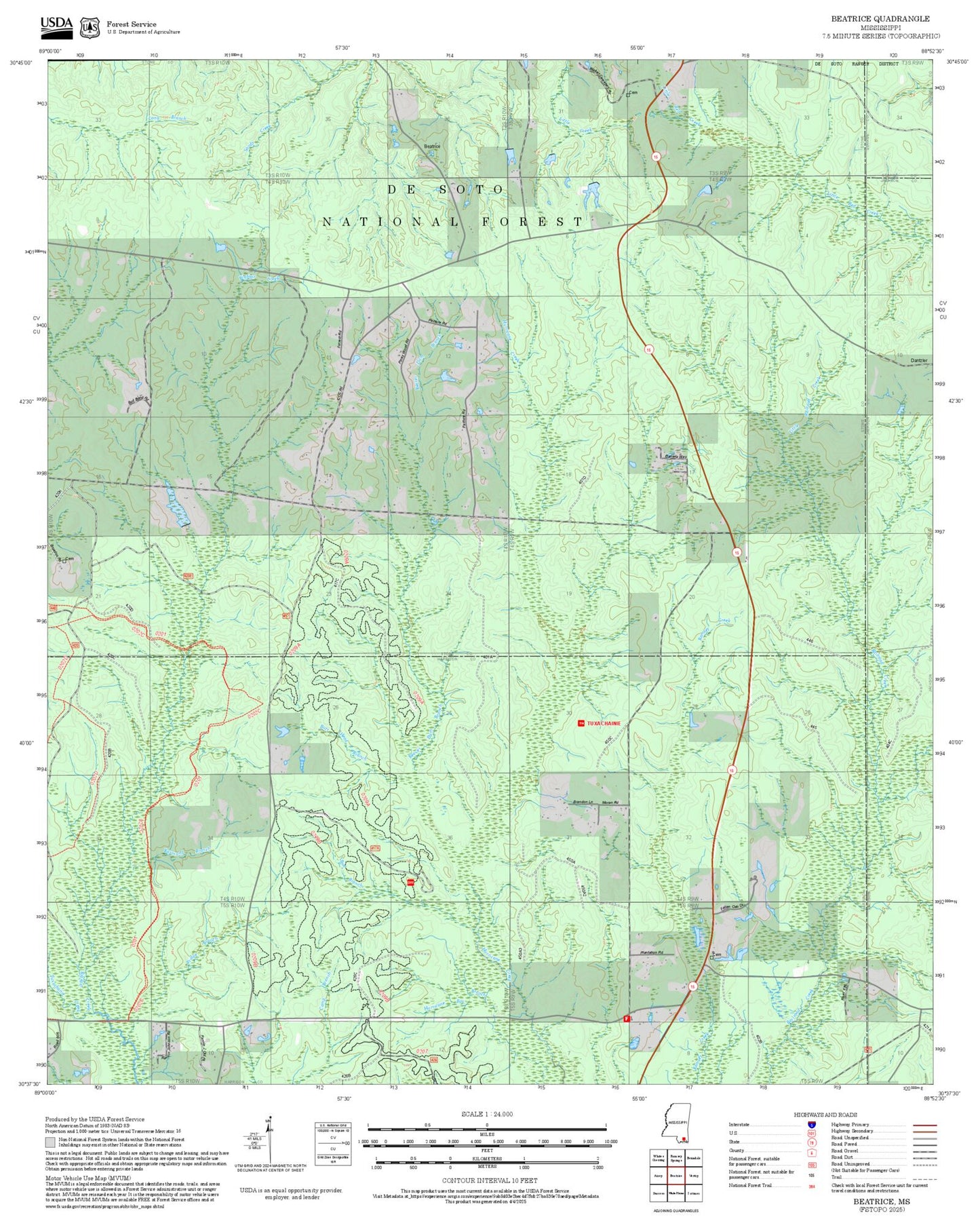 2025 Forest Service Topo Map of Beatrice Mississippi