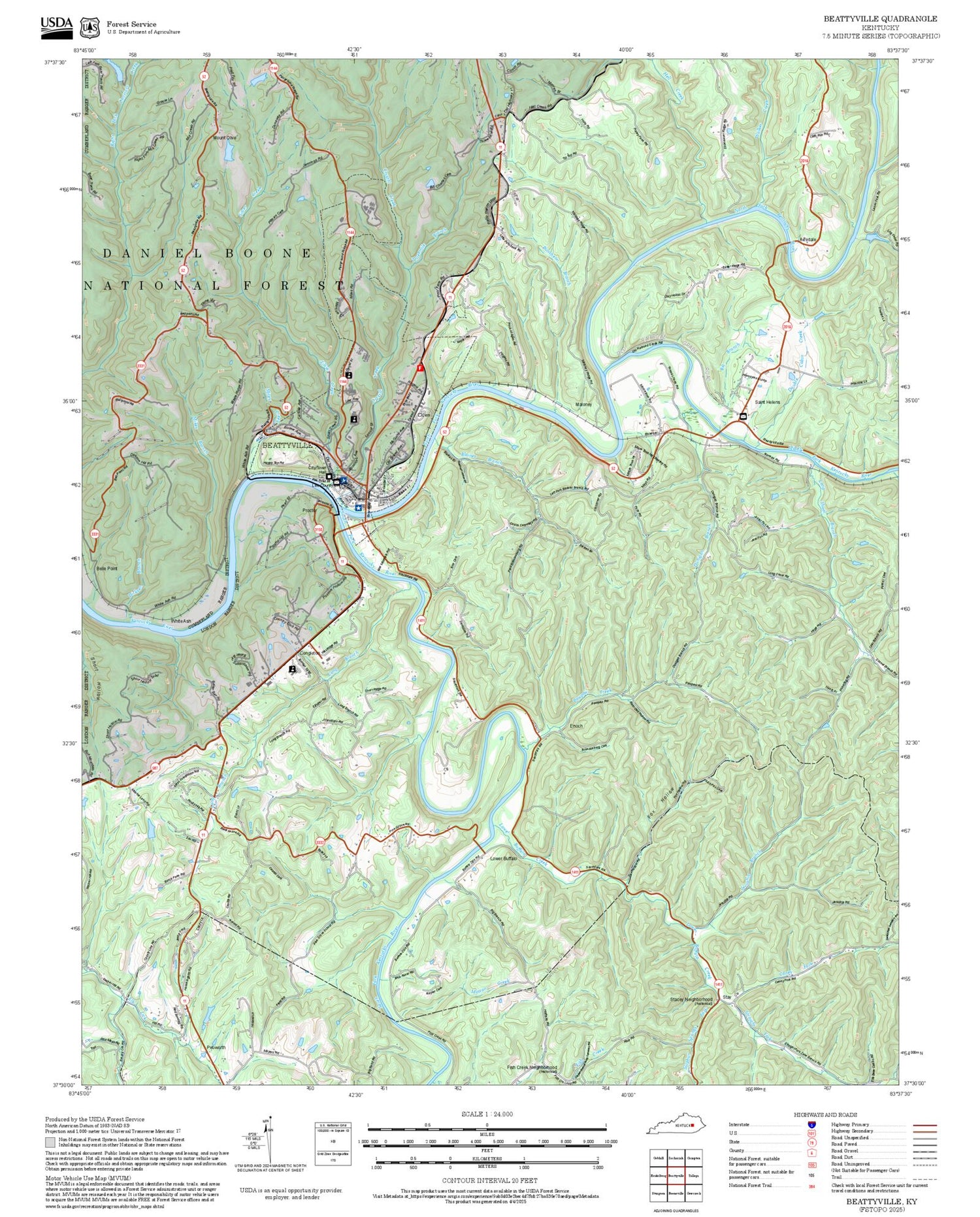 2025 Forest Service Topo Map of Beattyville Kentucky