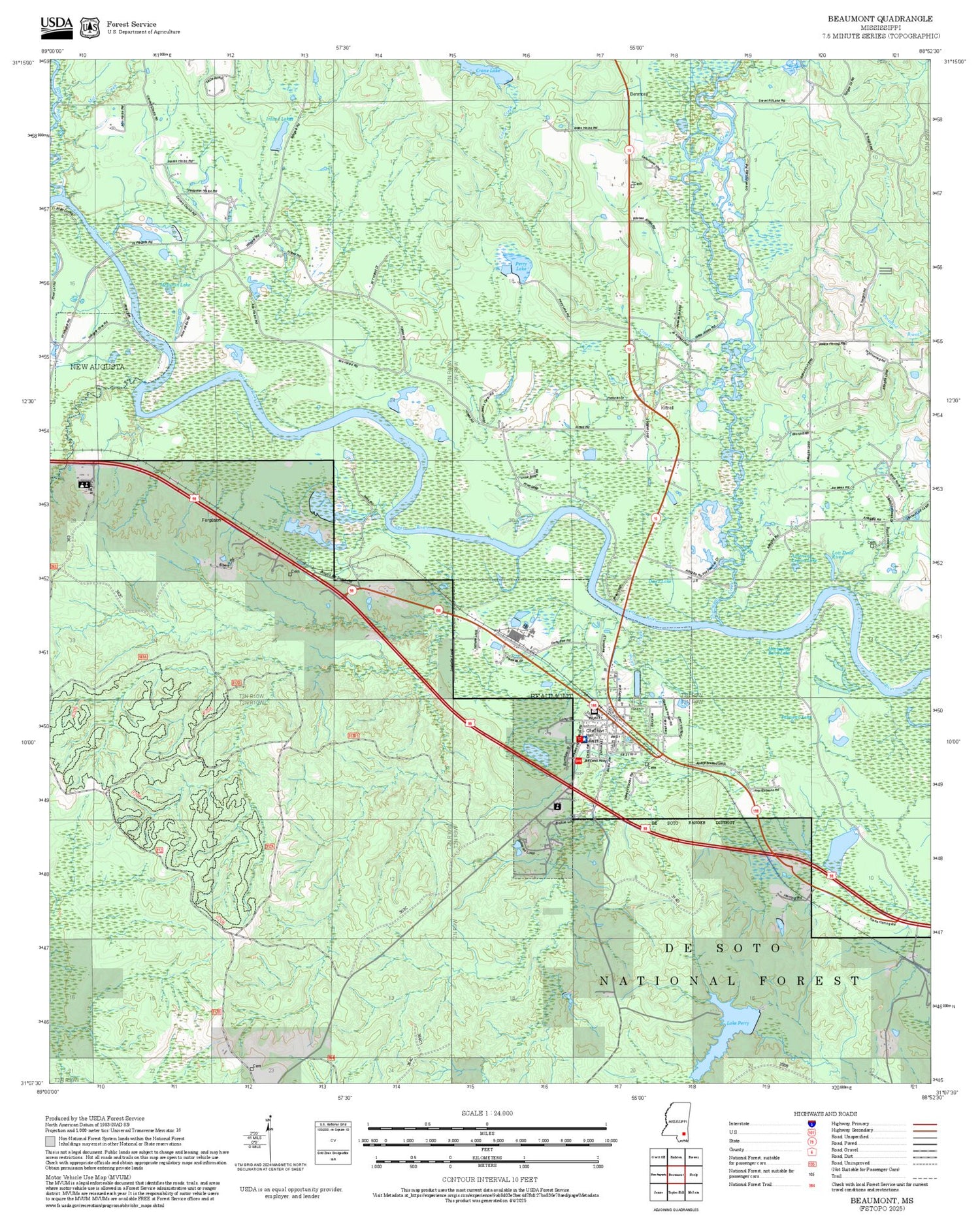 2025 Forest Service Topo Map of Beaumont Mississippi