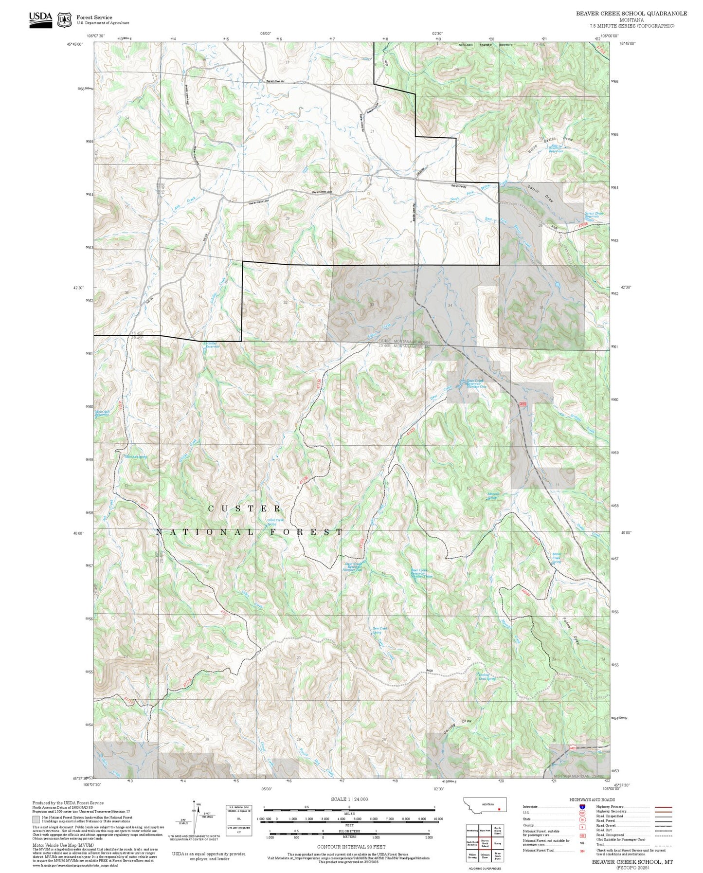 2025 Forest Service Topo Map of Beaver Creek School Montana