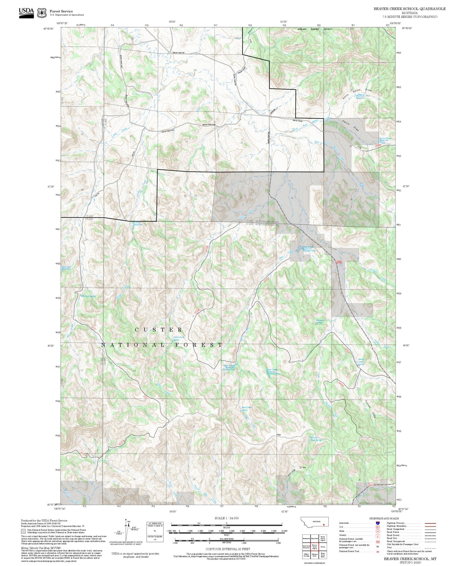 2025 Forest Service Topo Map of Beaver Creek School Montana