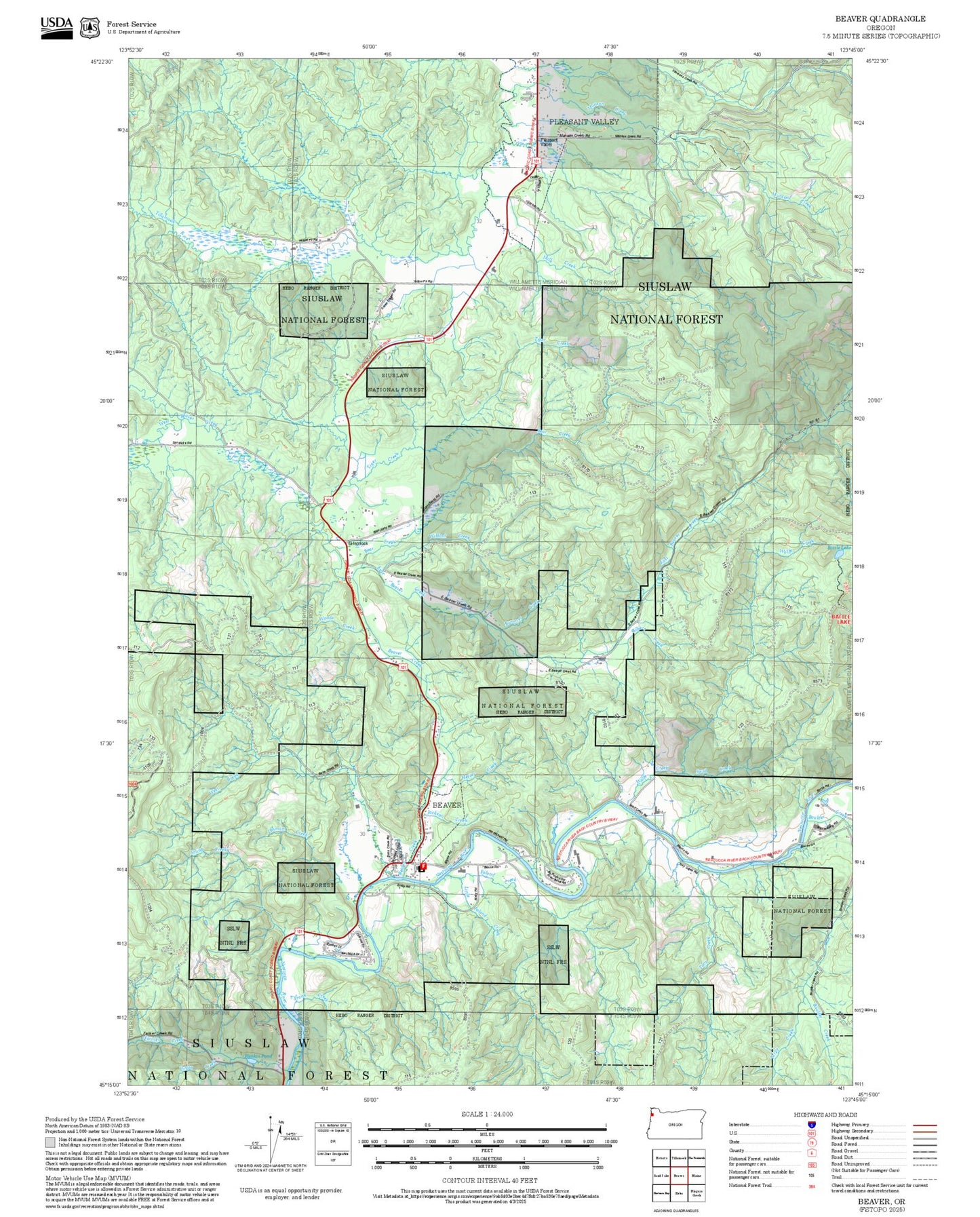 2025 Forest Service Topo Map of Beaver Oregon