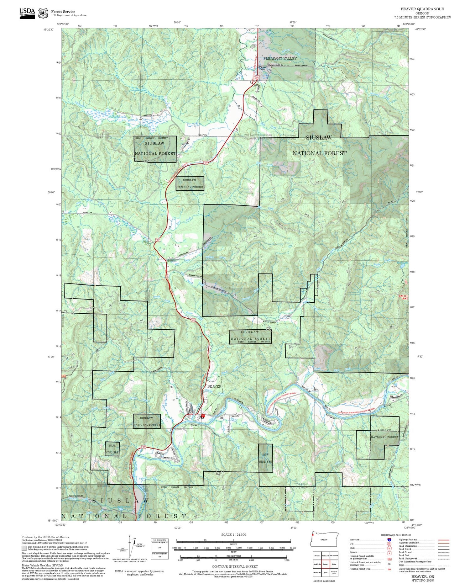 2025 Forest Service Topo Map of Beaver Oregon