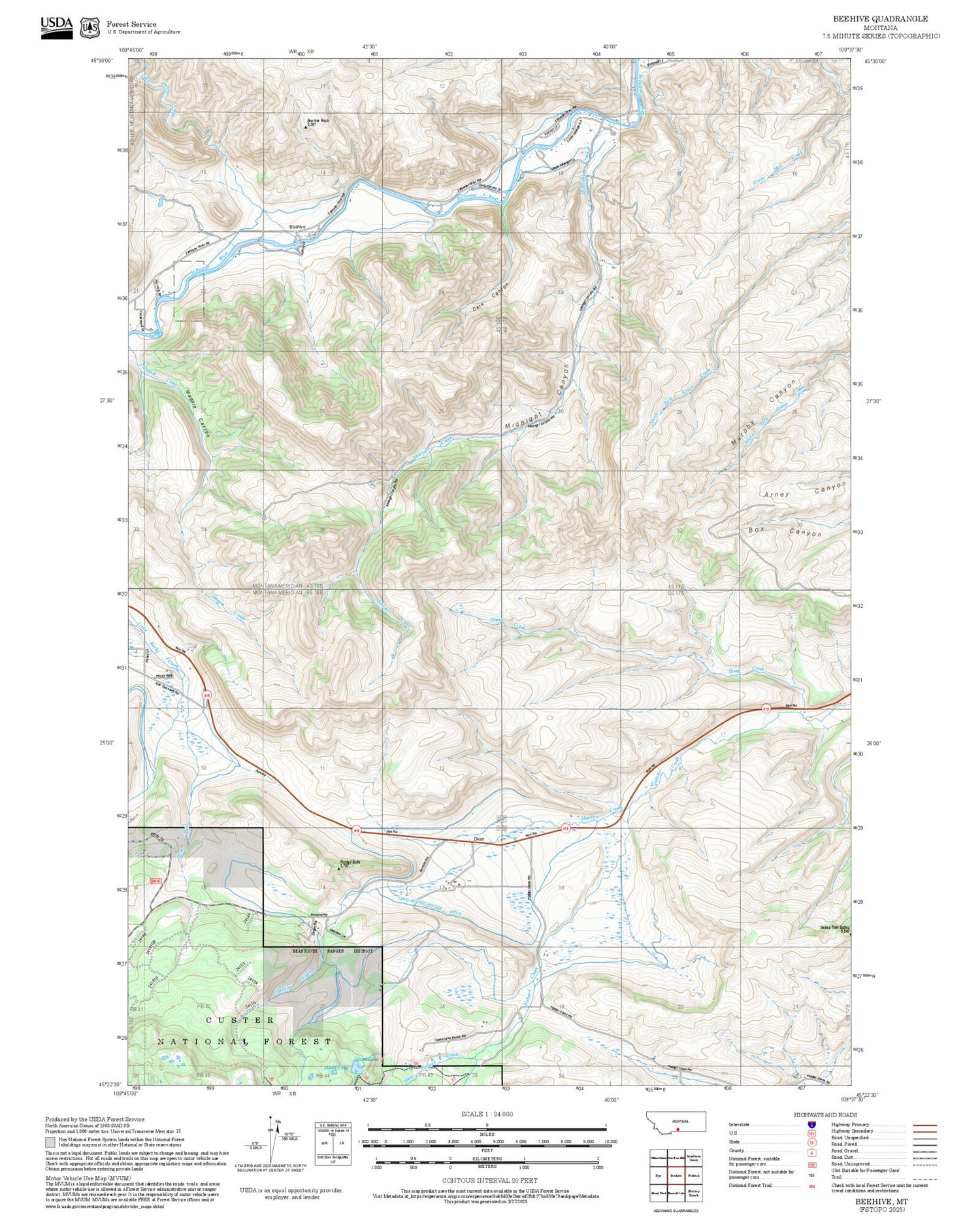 2025 Forest Service Topo Map of Beehive Montana