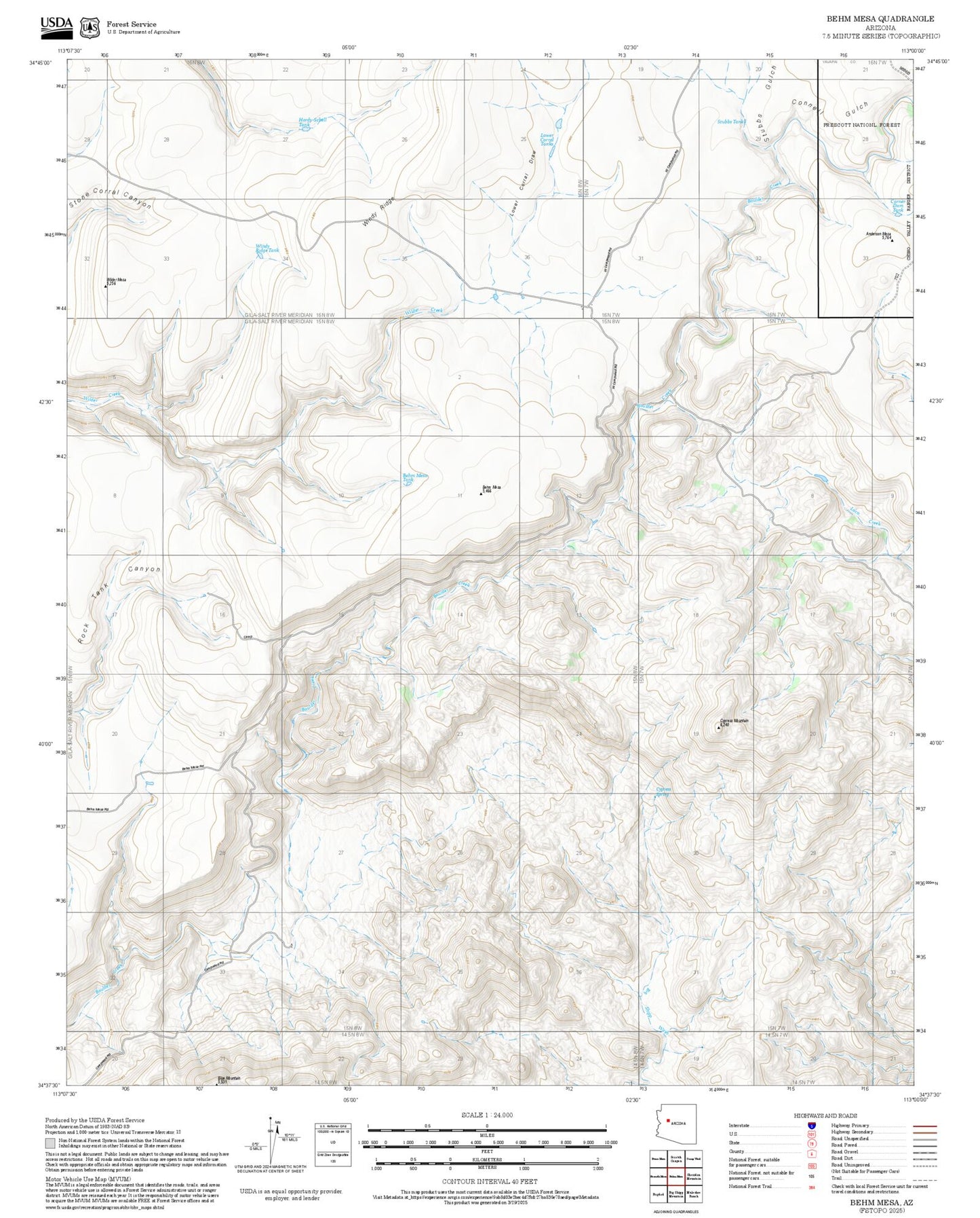 2025 Forest Service Topo Map of Behm Mesa Arizona