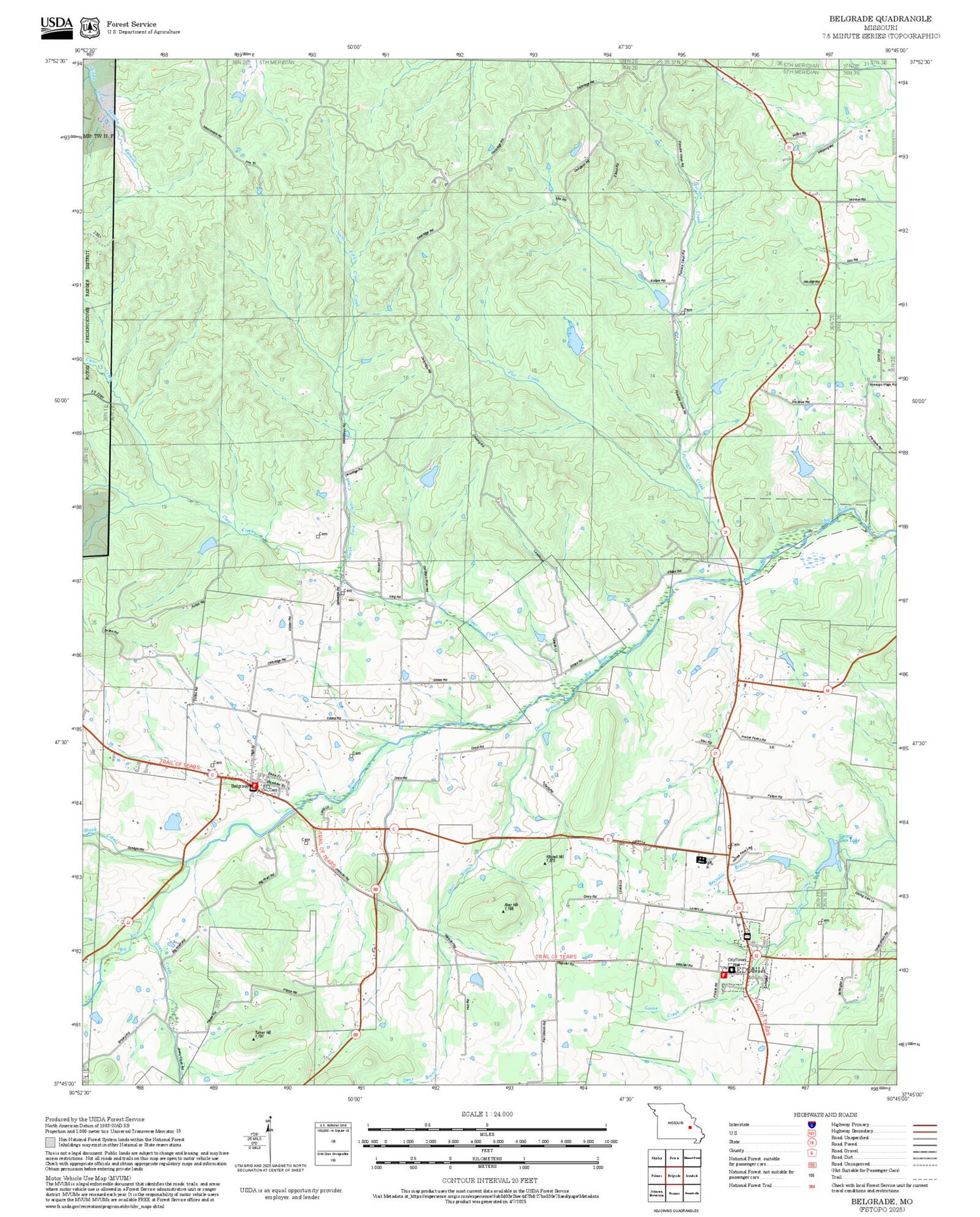 2025 Forest Service Topo Map of Belgrade Missouri
