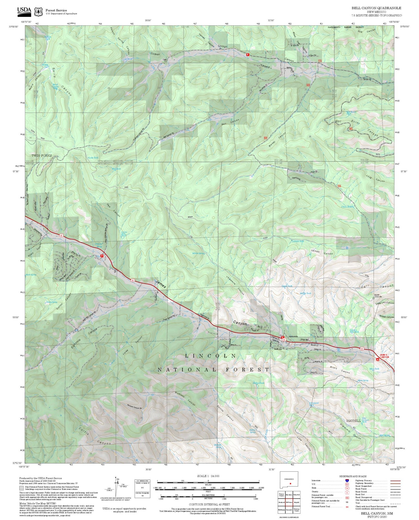 2025 Forest Service Topo Map of Bell Canyon New Mexico