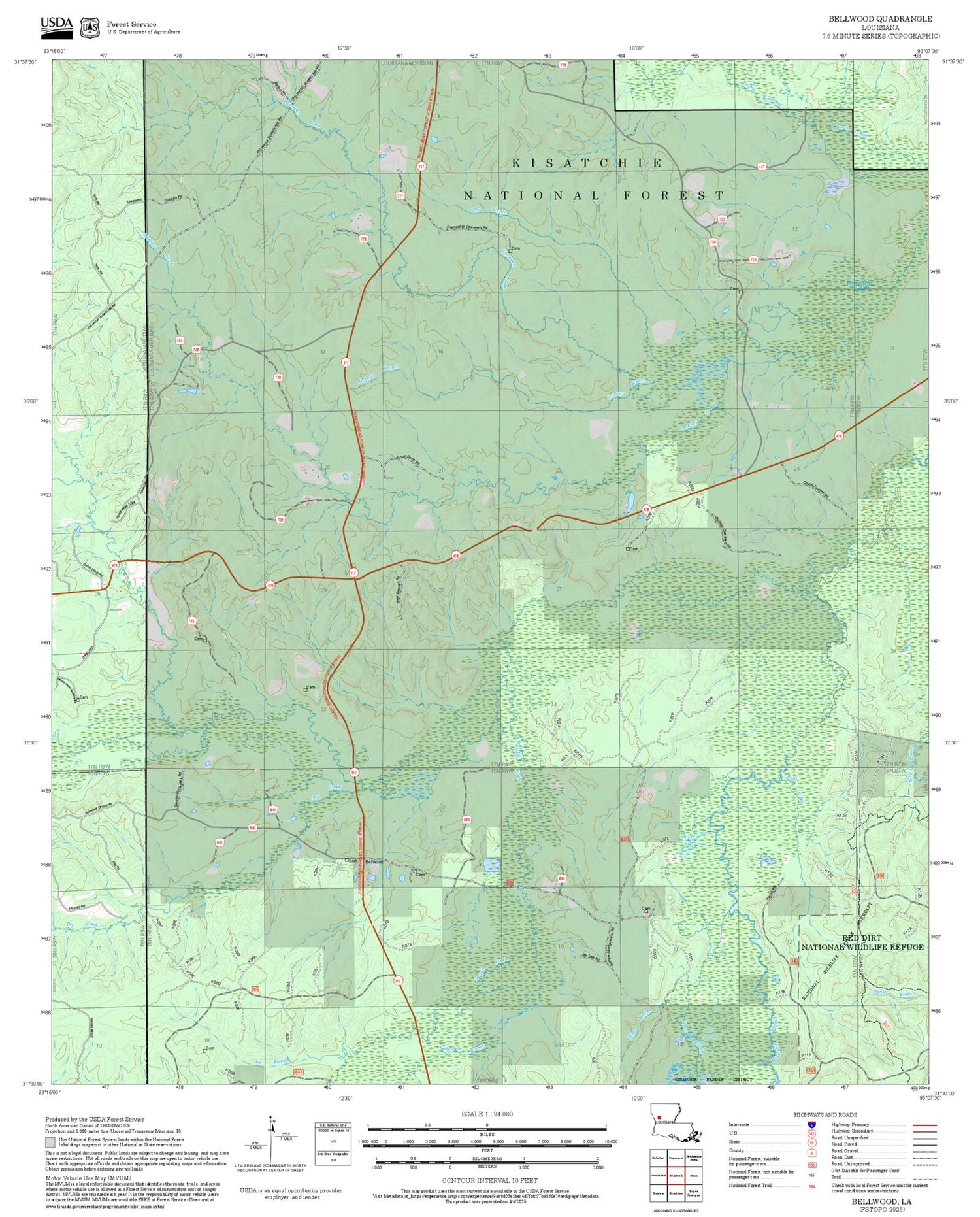 2025 Forest Service Topo Map of Bellwood Louisiana