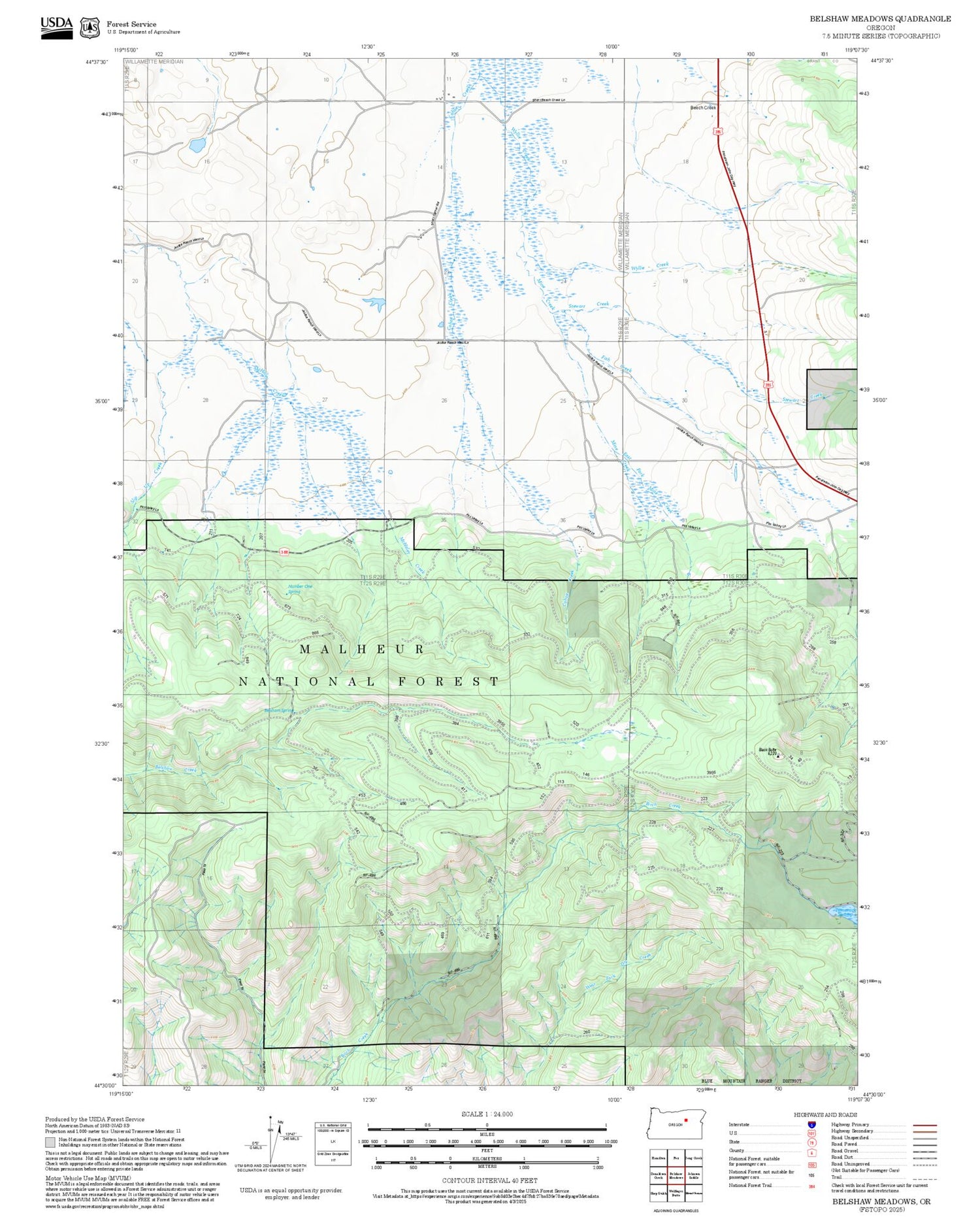 2025 Forest Service Topo Map of Belshaw Meadows Oregon