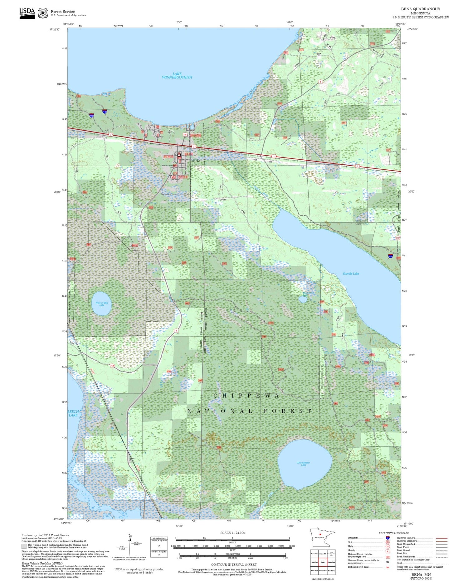 2025 Forest Service Topo Map of Bena Minnesota