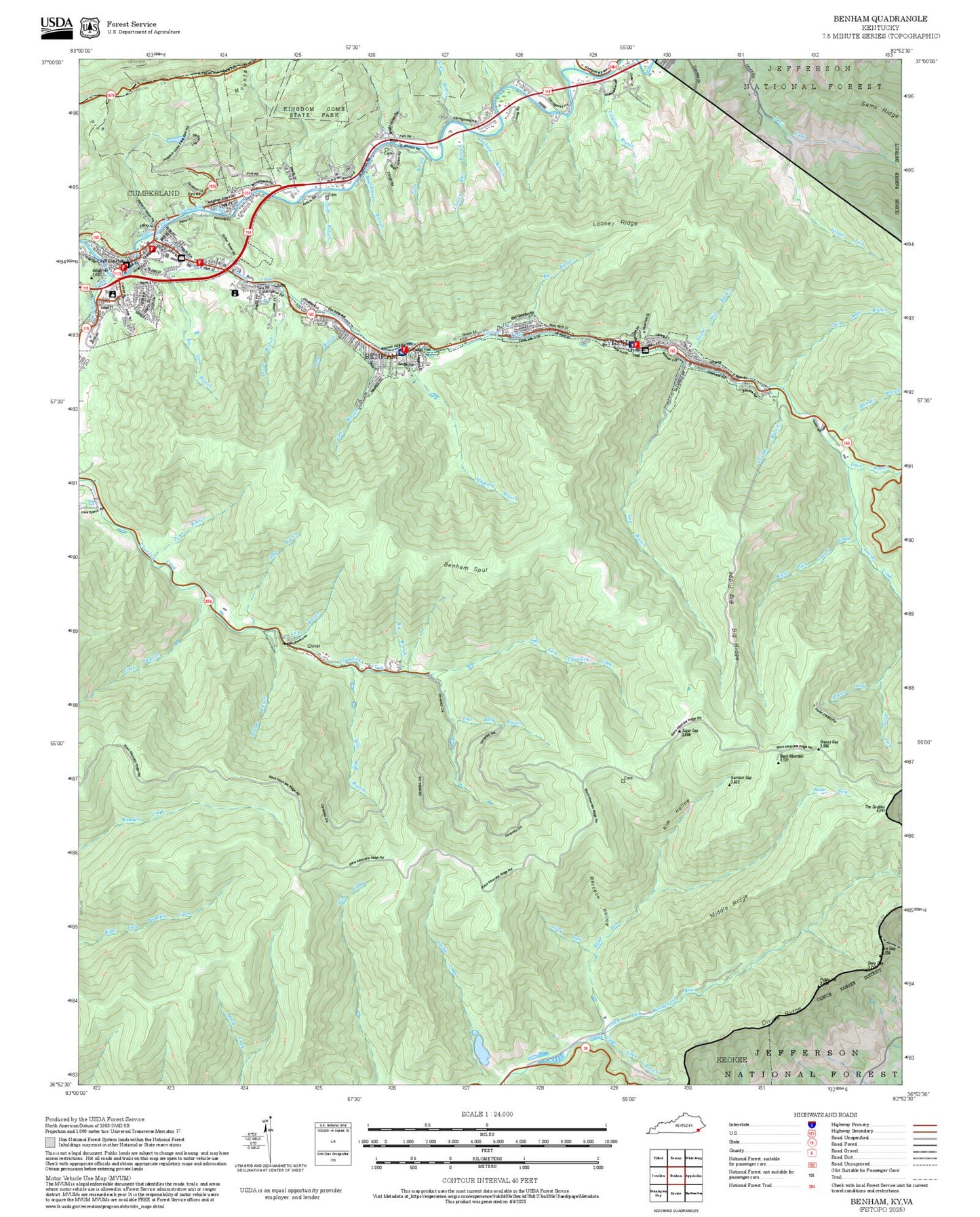 2025 Forest Service Topo Map of Benham Kentucky