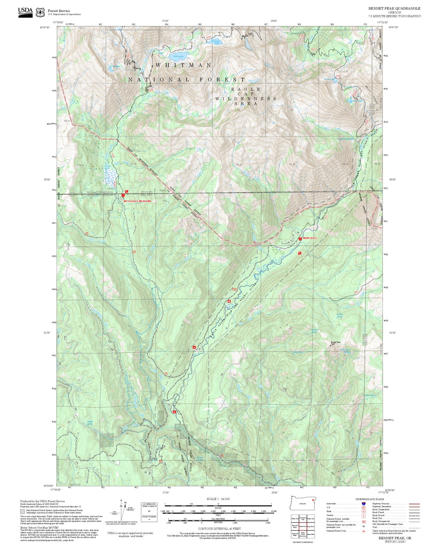2025 Forest Service Topo Map of Bennet Peak Oregon