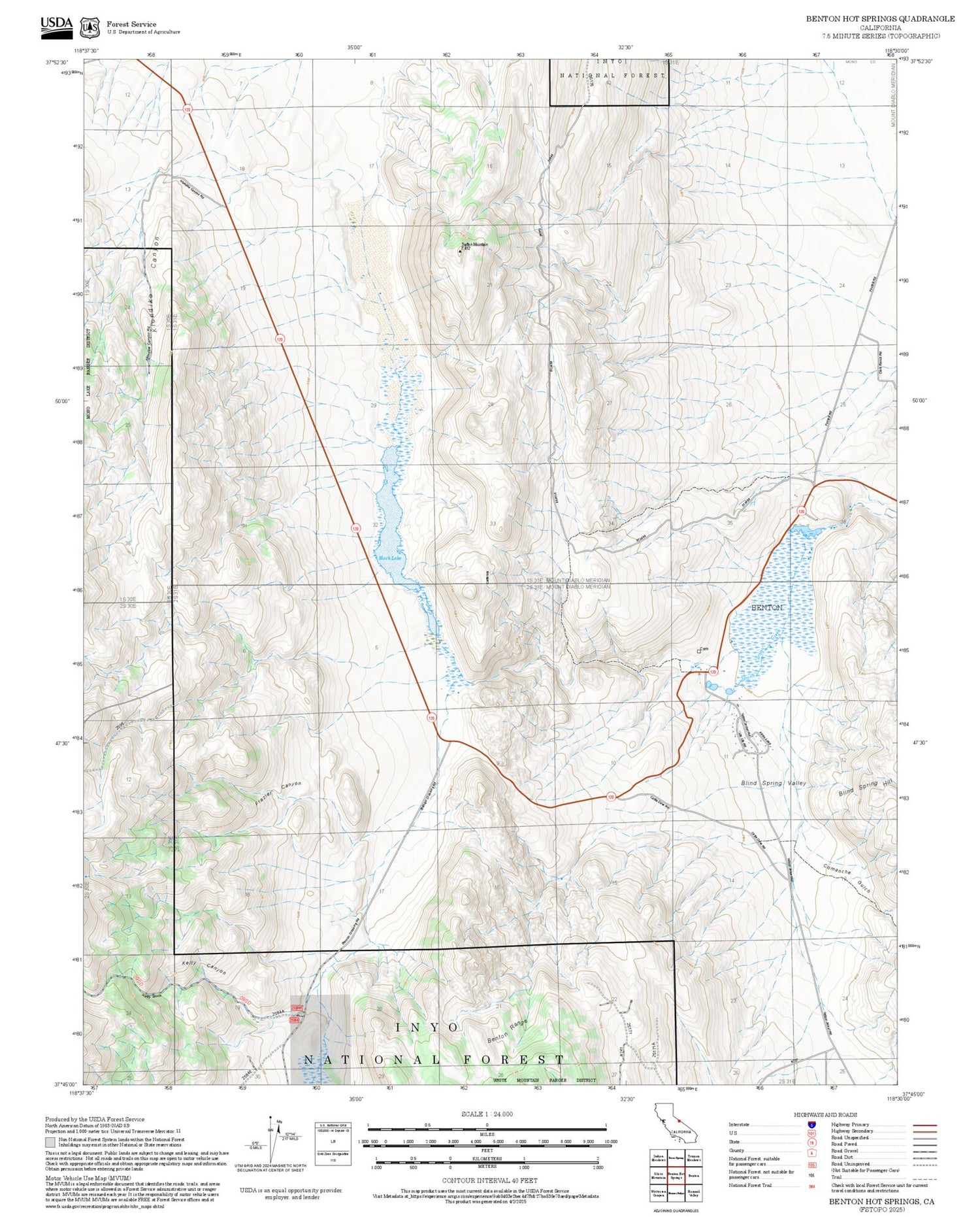 2025 Forest Service Topo Map of Benton Hot Springs California