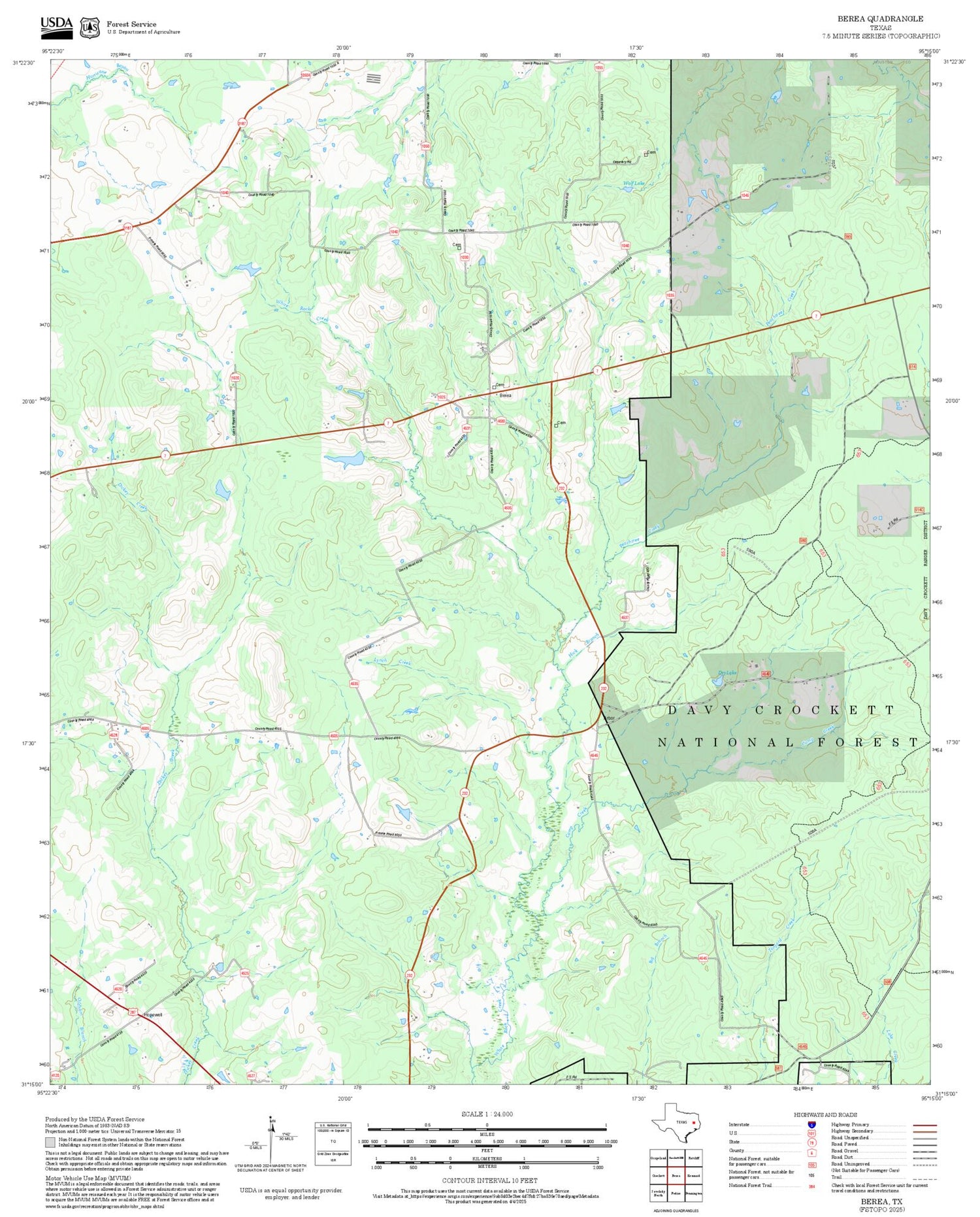 2025 Forest Service Topo Map of Berea Texas