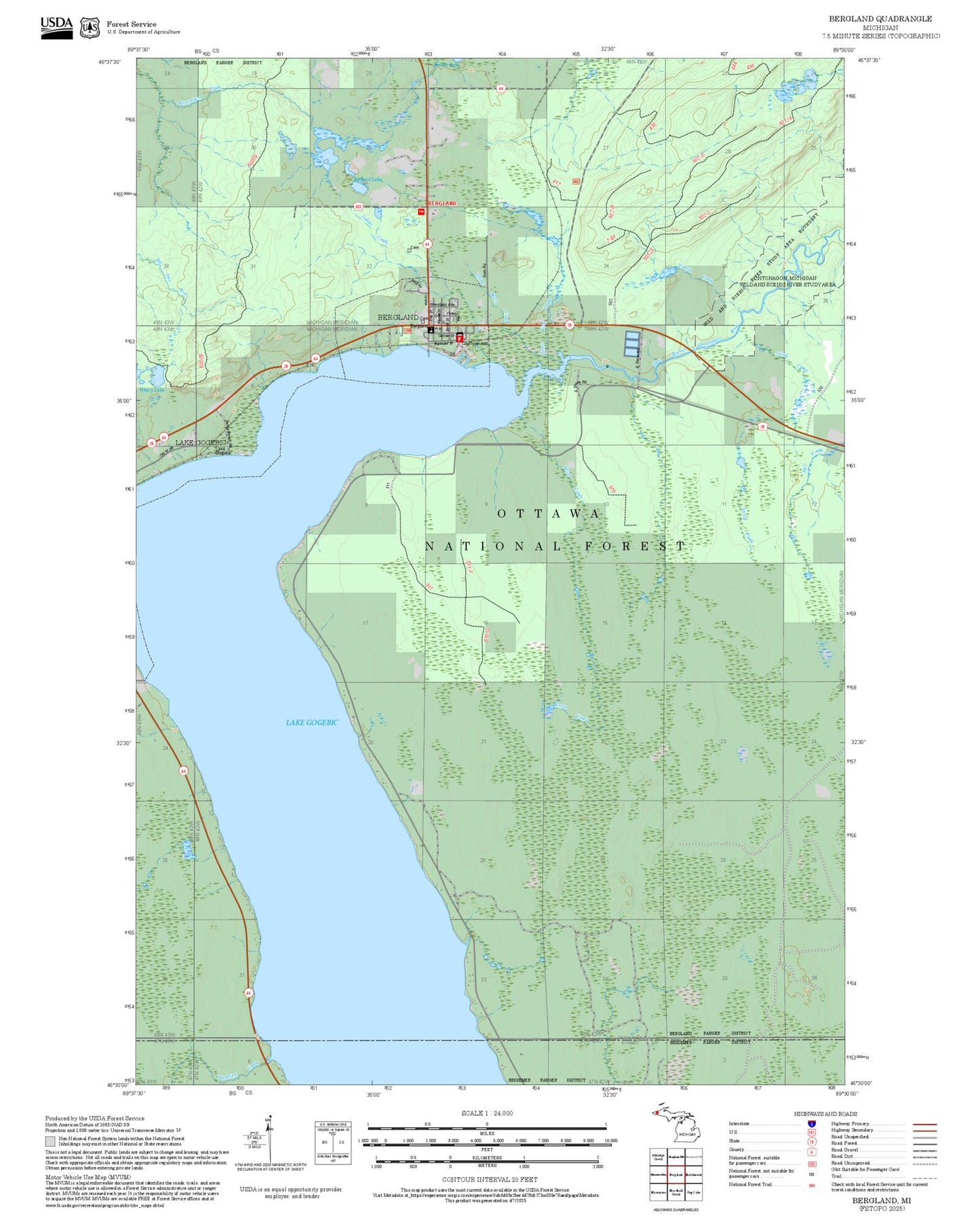 2025 Forest Service Topo Map of Bergland Michigan