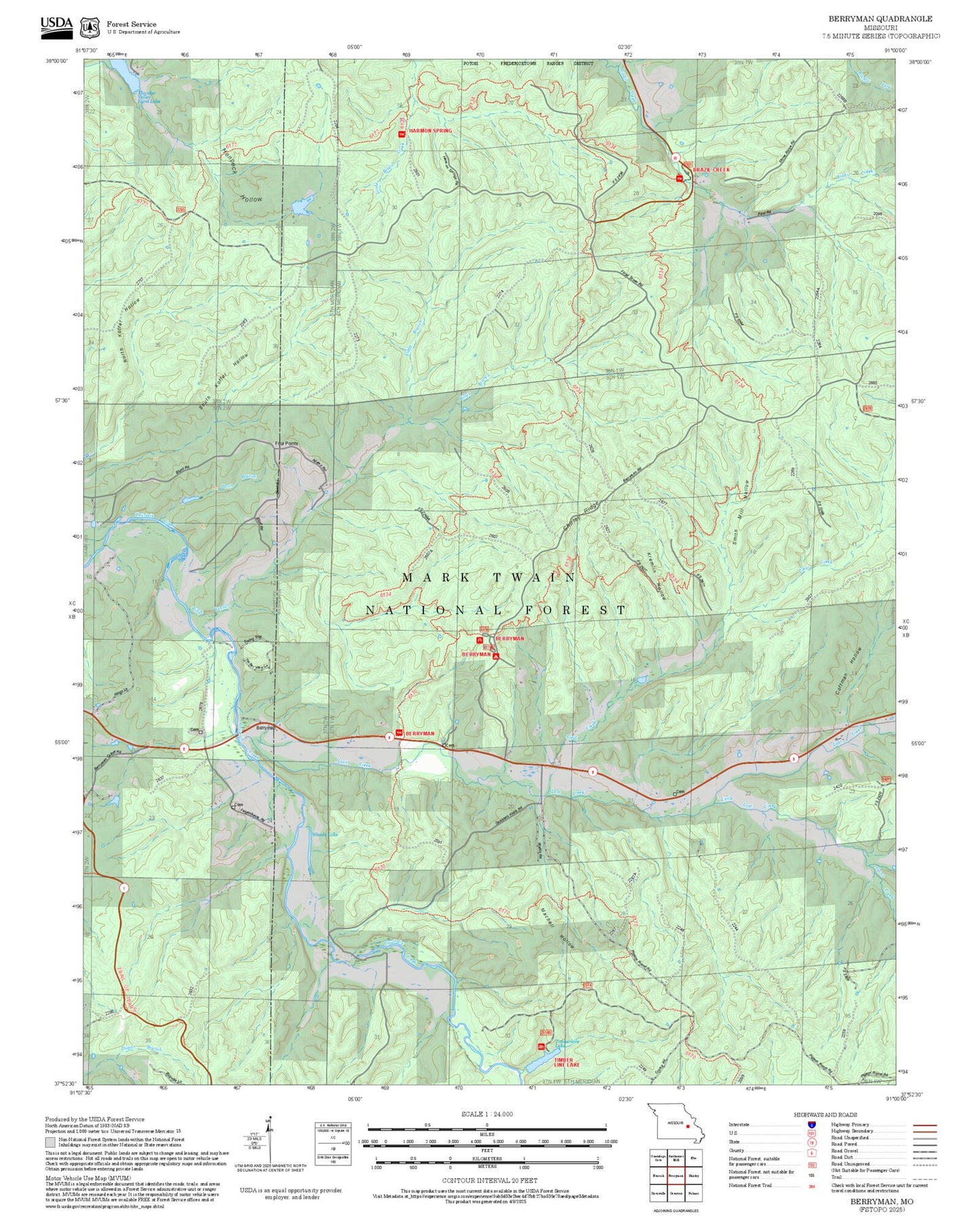 2025 Forest Service Topo Map of Berryman Missouri