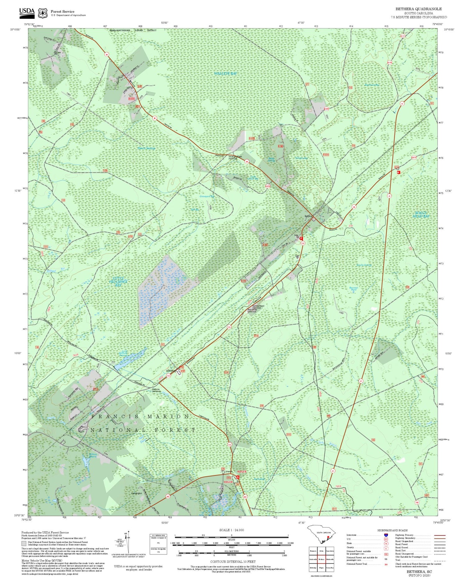 2025 Forest Service Topo Map of Bethera South Carolina