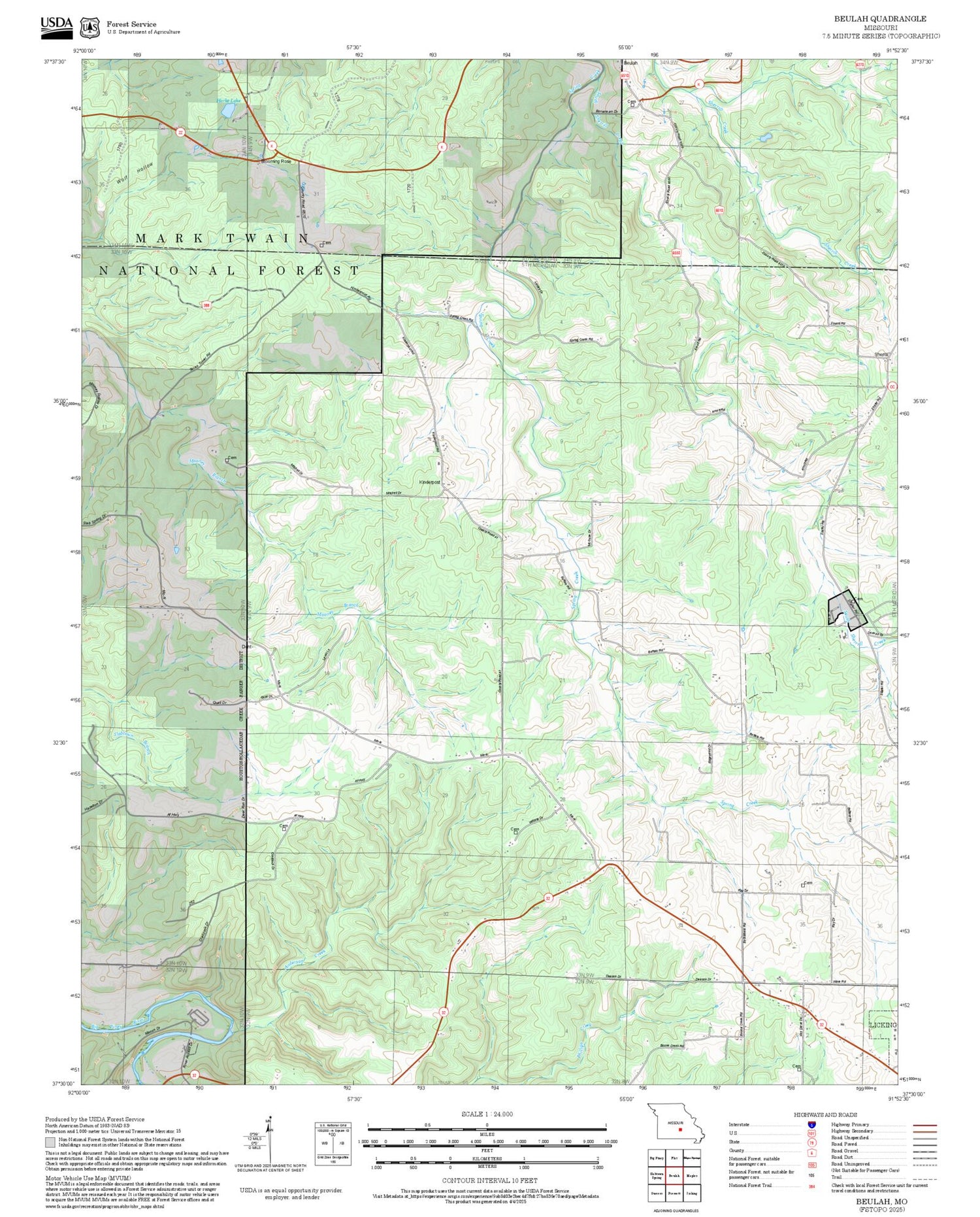 2025 Forest Service Topo Map of Beulah Missouri