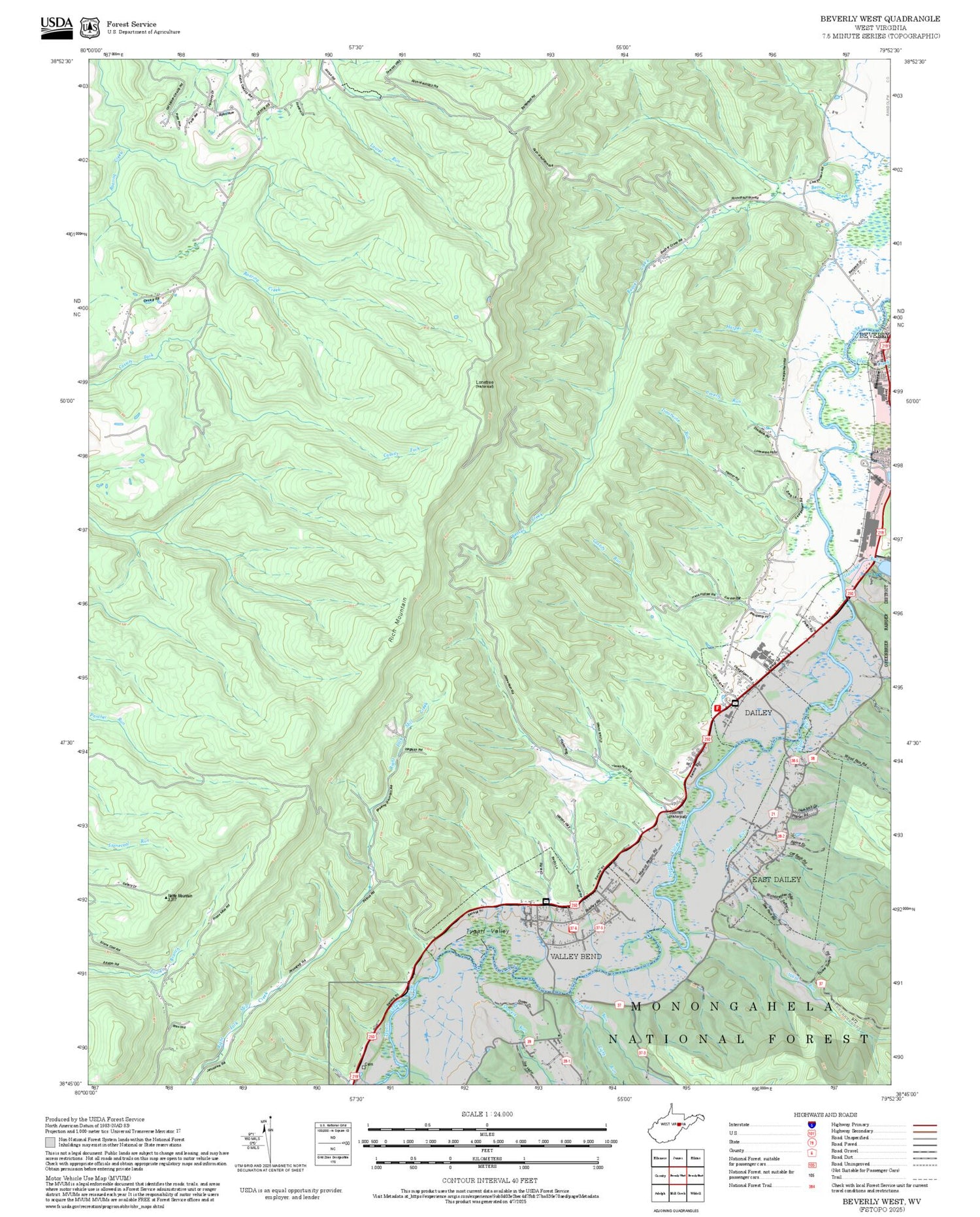 2025 Forest Service Topo Map of Beverly West West Virginia