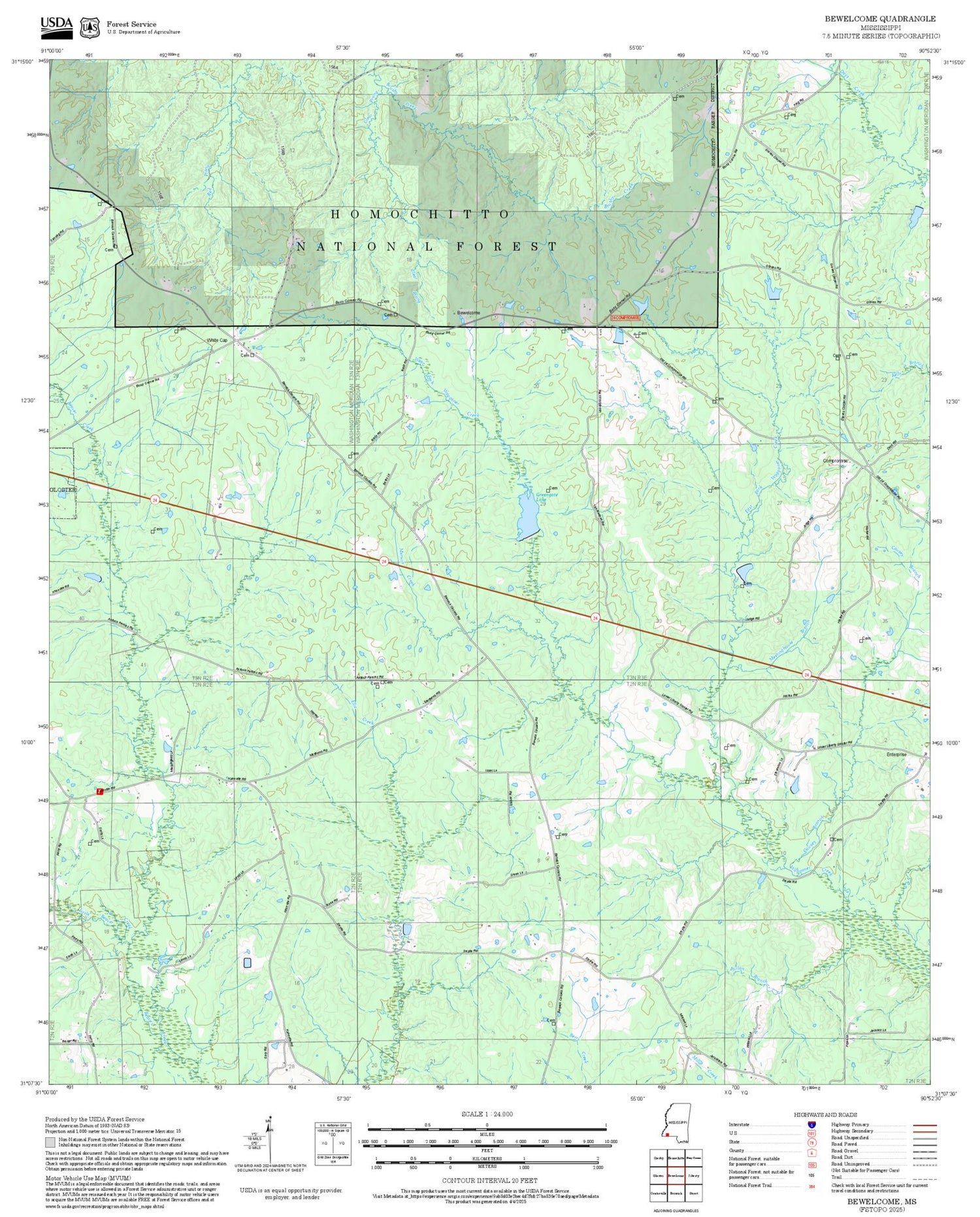 2025 Forest Service Topo Map of Bewelcome Mississippi