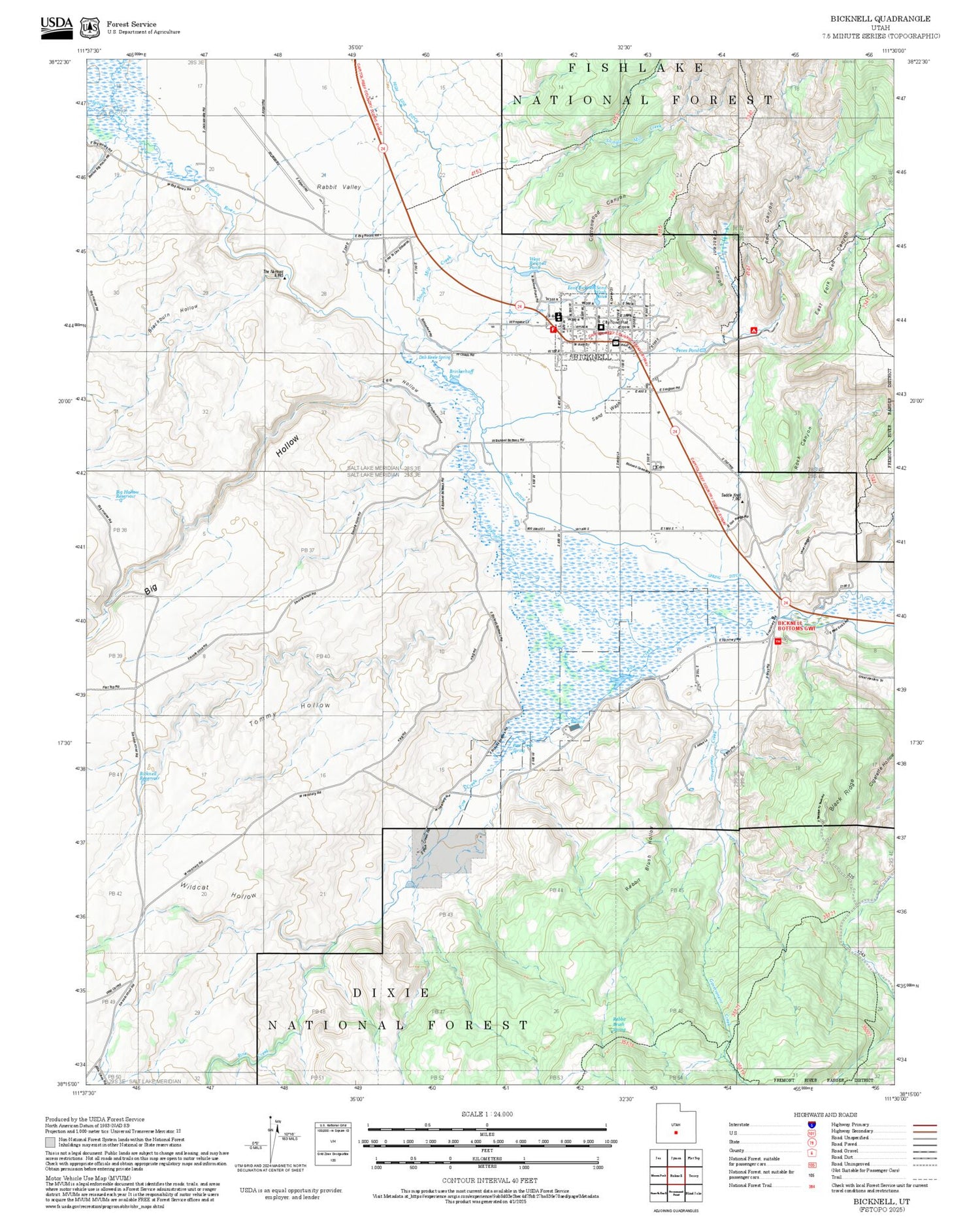 2025 Forest Service Topo Map of Bicknell Utah