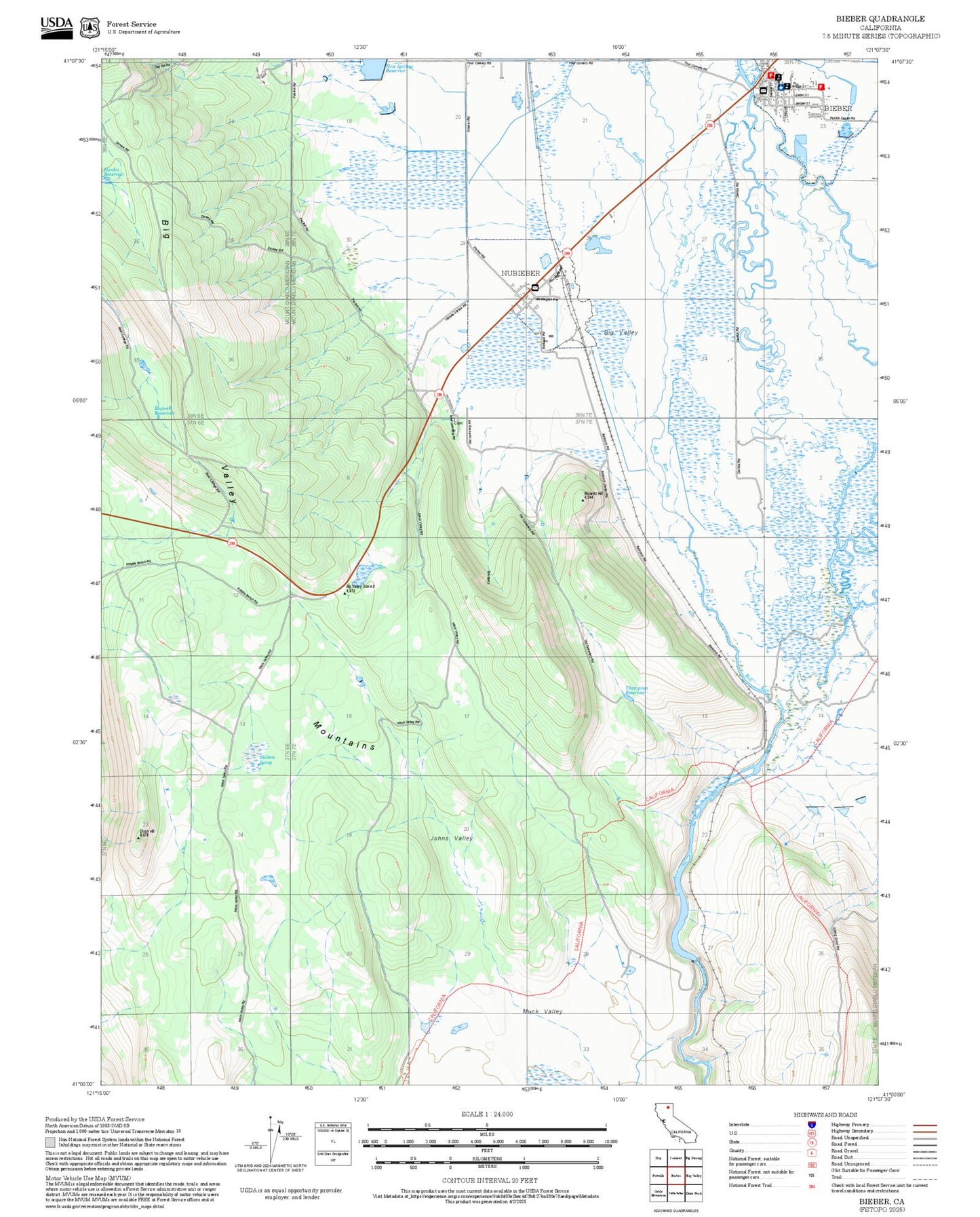 2025 Forest Service Topo Map of Bieber California