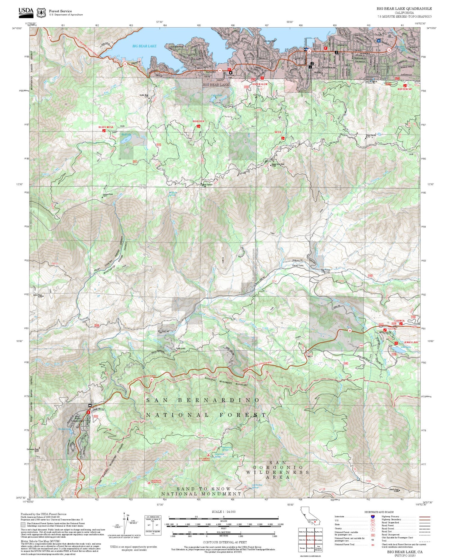 2025 Forest Service Topo Map of Big Bear Lake California