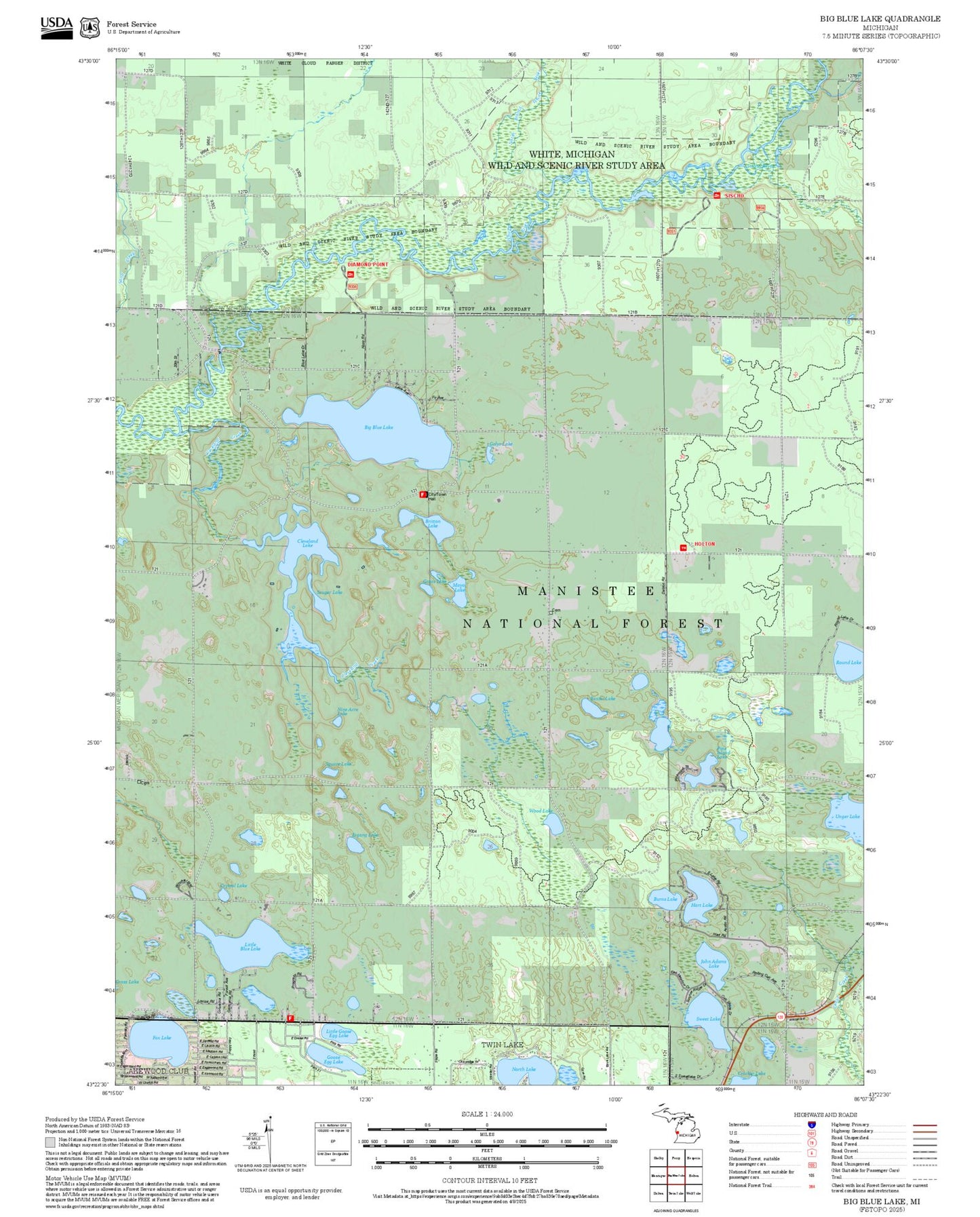2025 Forest Service Topo Map of Big Blue Lake Michigan