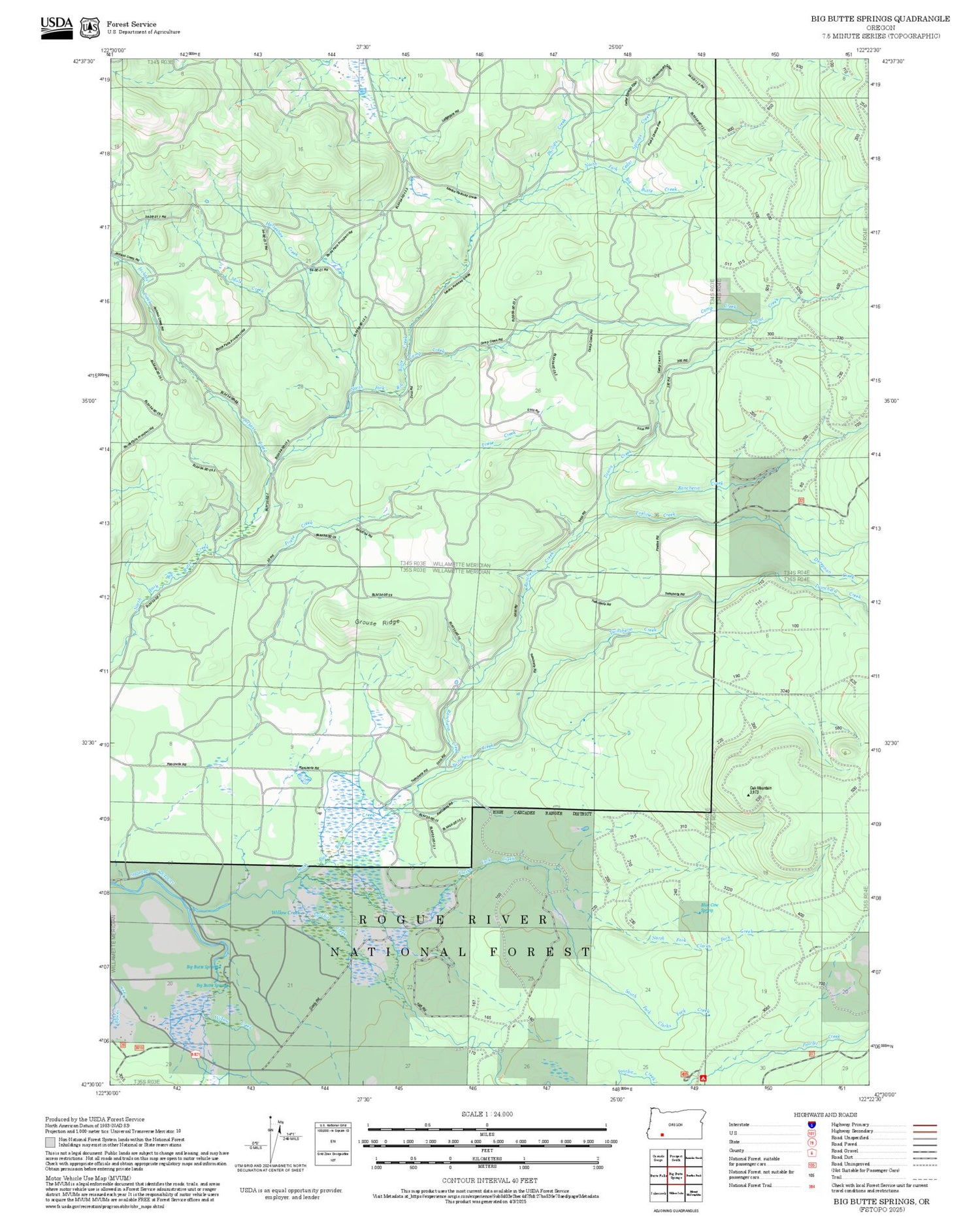 2025 Forest Service Topo Map of Big Butte Springs Oregon