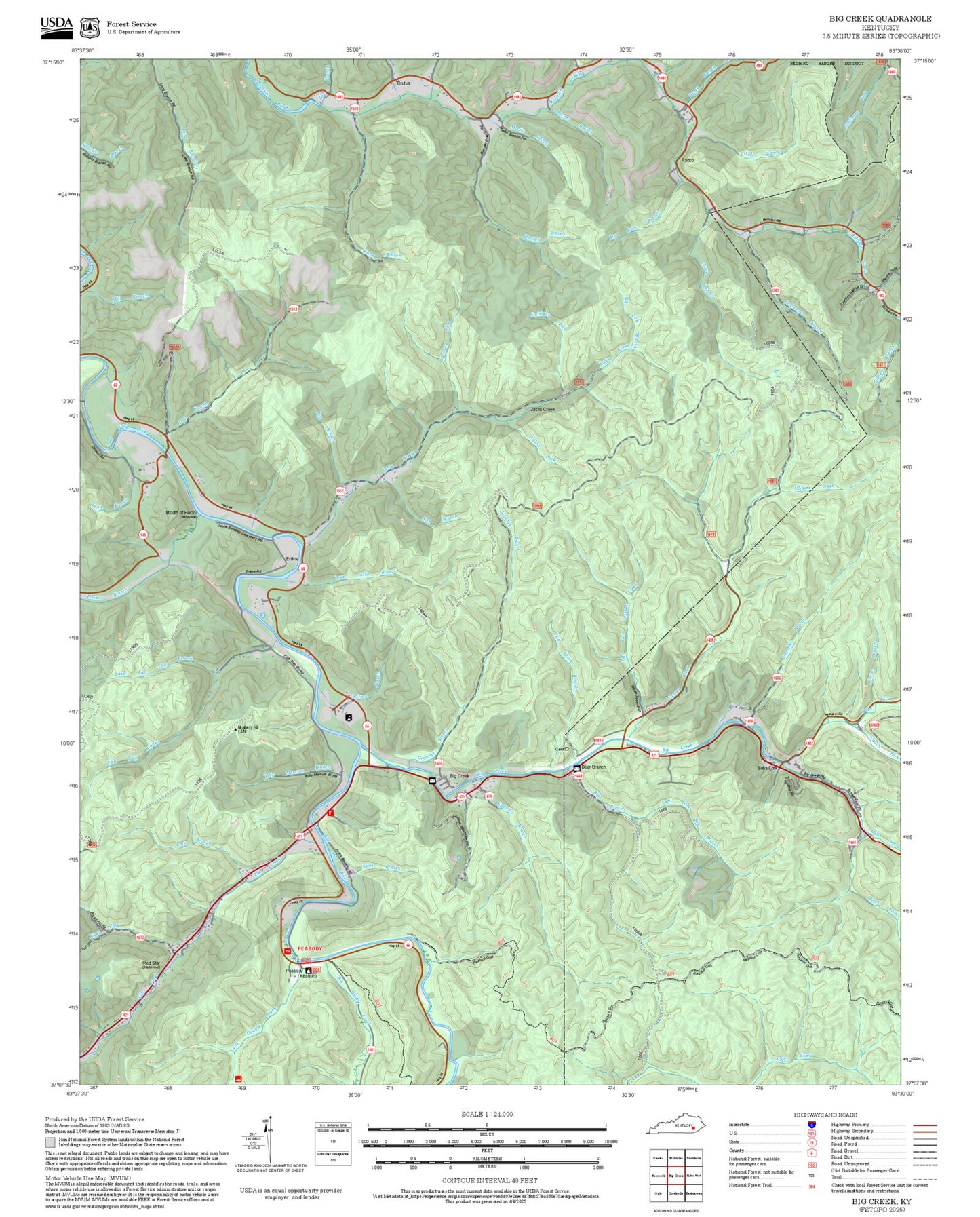 2025 Forest Service Topo Map of Big Creek Kentucky
