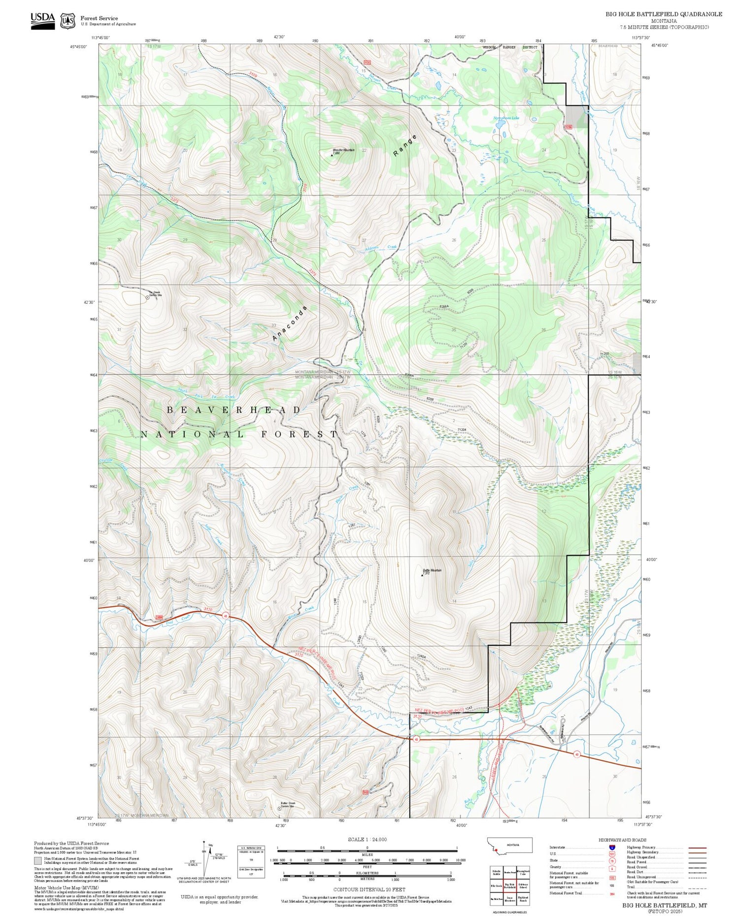 2025 Forest Service Topo Map of Big Hole Battlefield Montana