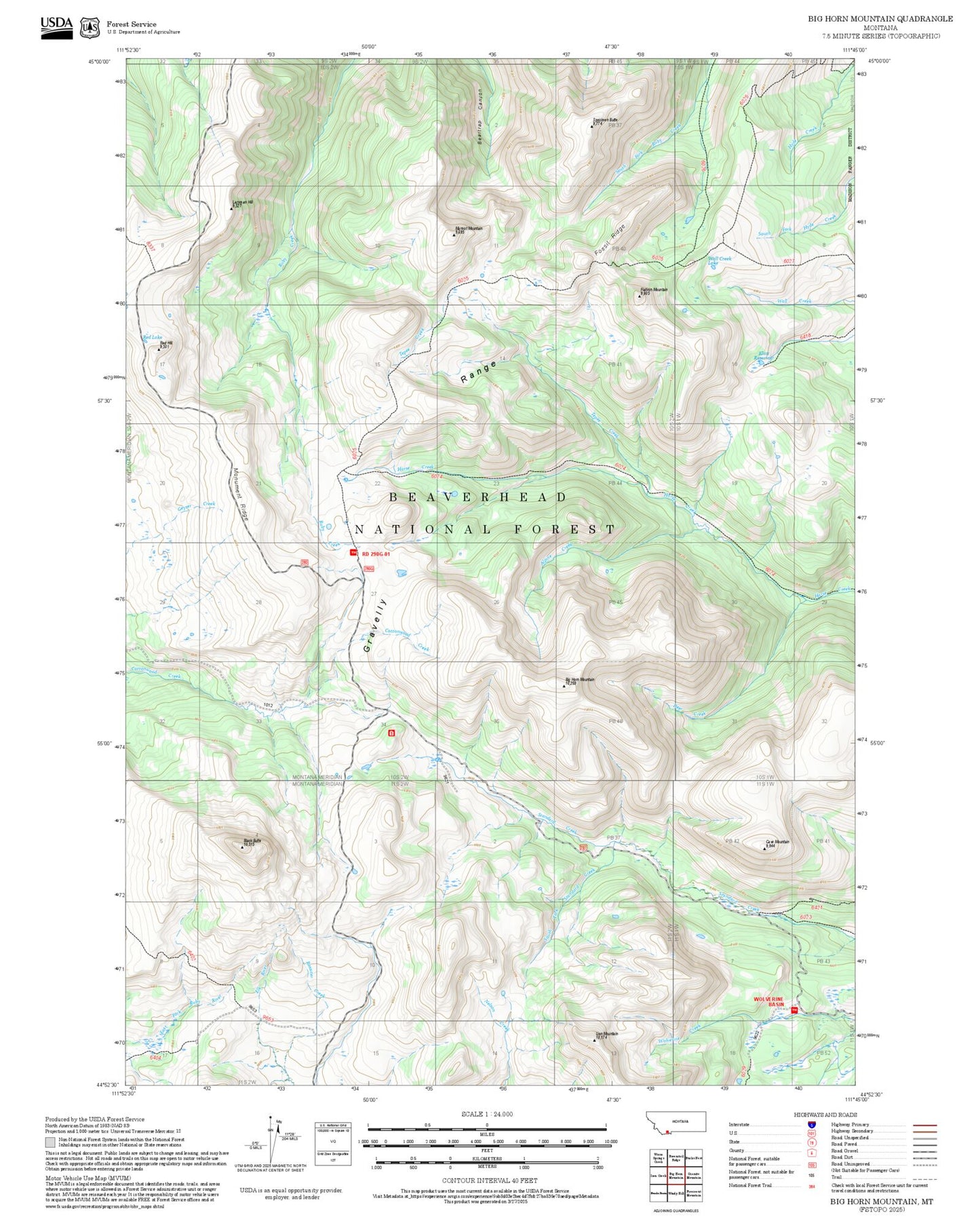 2025 Forest Service Topo Map of Big Horn Mountain Montana