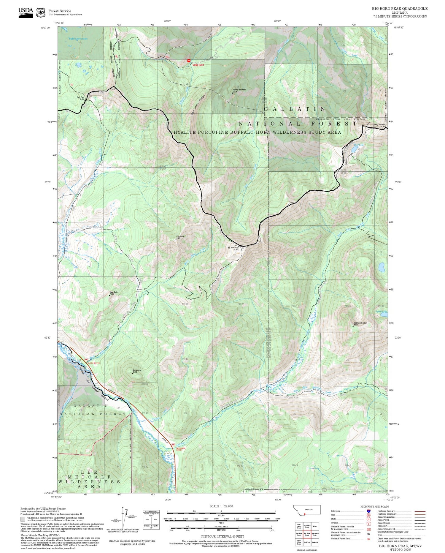 2025 Forest Service Topo Map of Big Horn Peak Montana