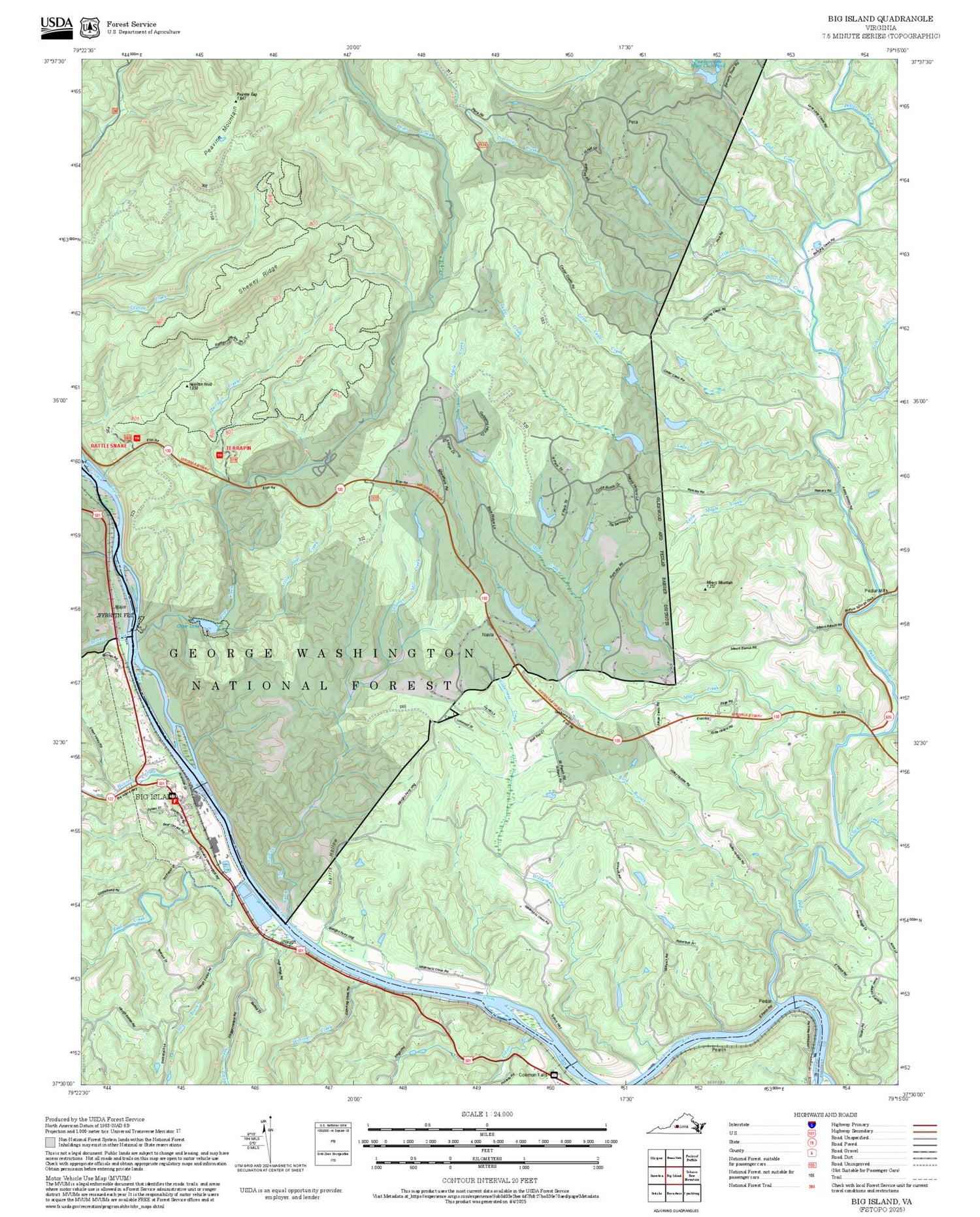 2025 Forest Service Topo Map of Big Island Virginia