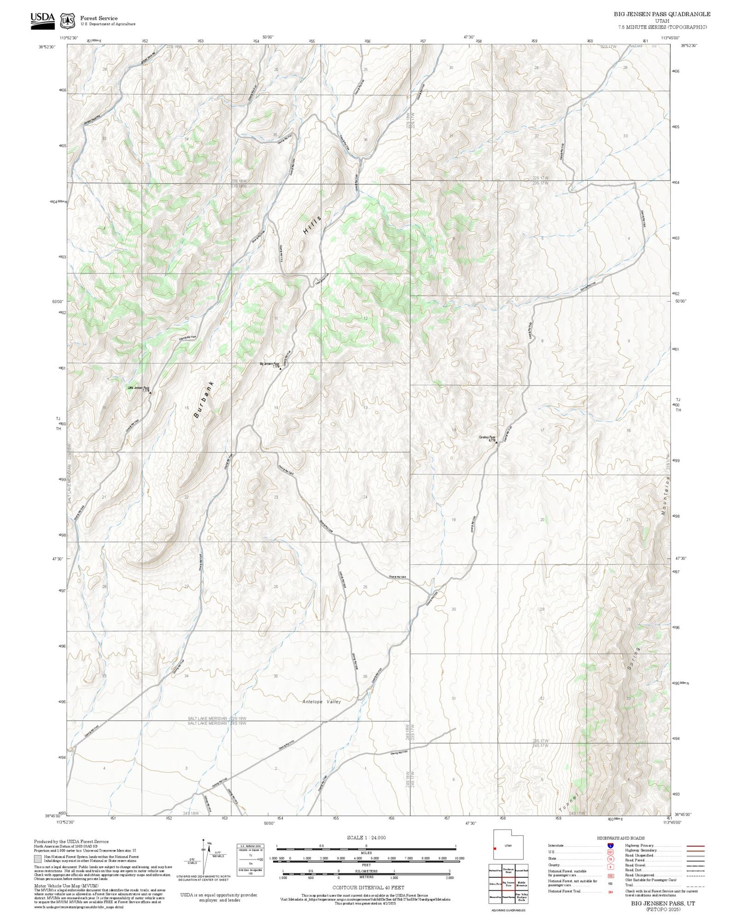 2025 Forest Service Topo Map of Big Jensen Pass Utah