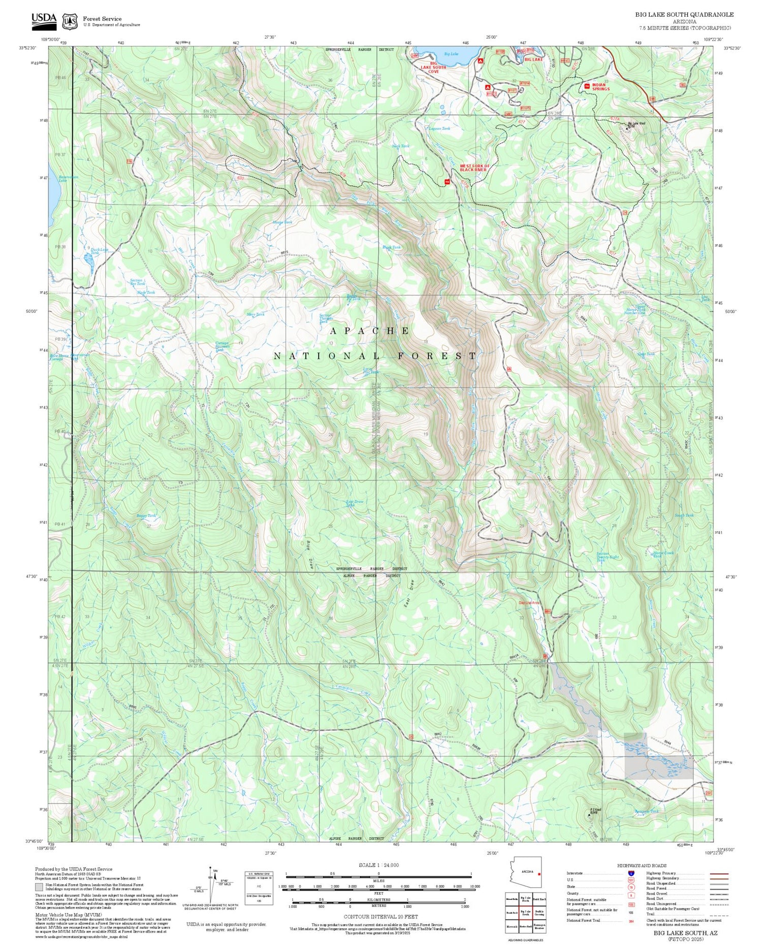 2025 Forest Service Topo Map of Big Lake South Arizona