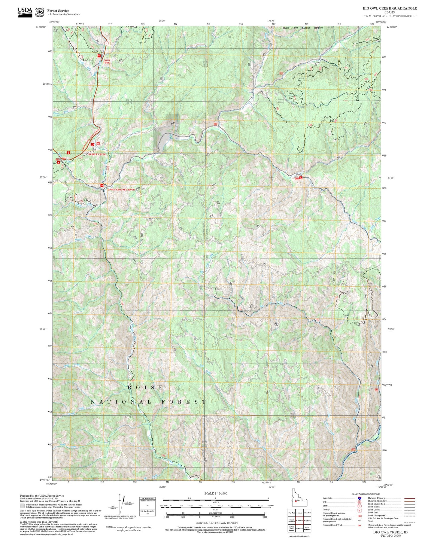 2025 Forest Service Topo Map of Big Owl Creek Idaho