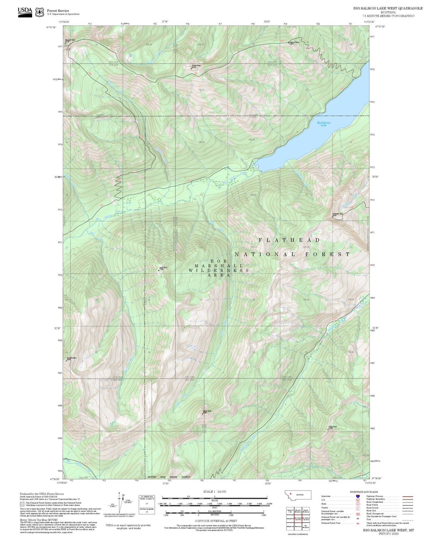 2025 Forest Service Topo Map of Big Salmon Lake West Montana