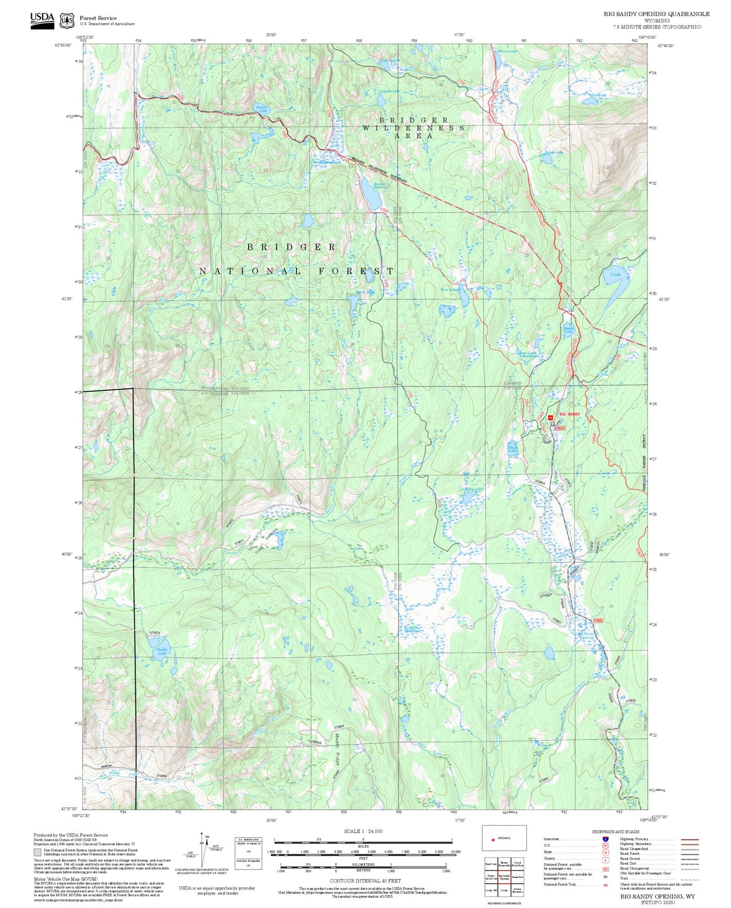2025 Forest Service Topo Map of Big Sandy Opening Wyoming