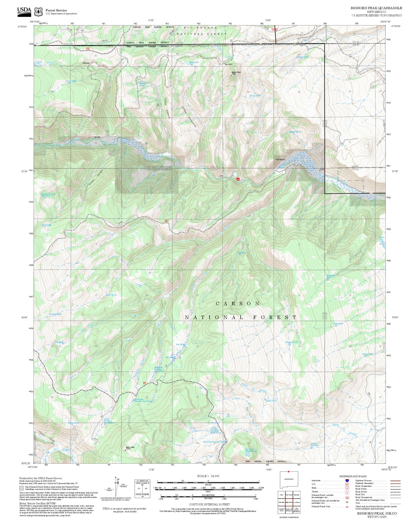 2025 Forest Service Topo Map of Bighorn Peak New Mexico