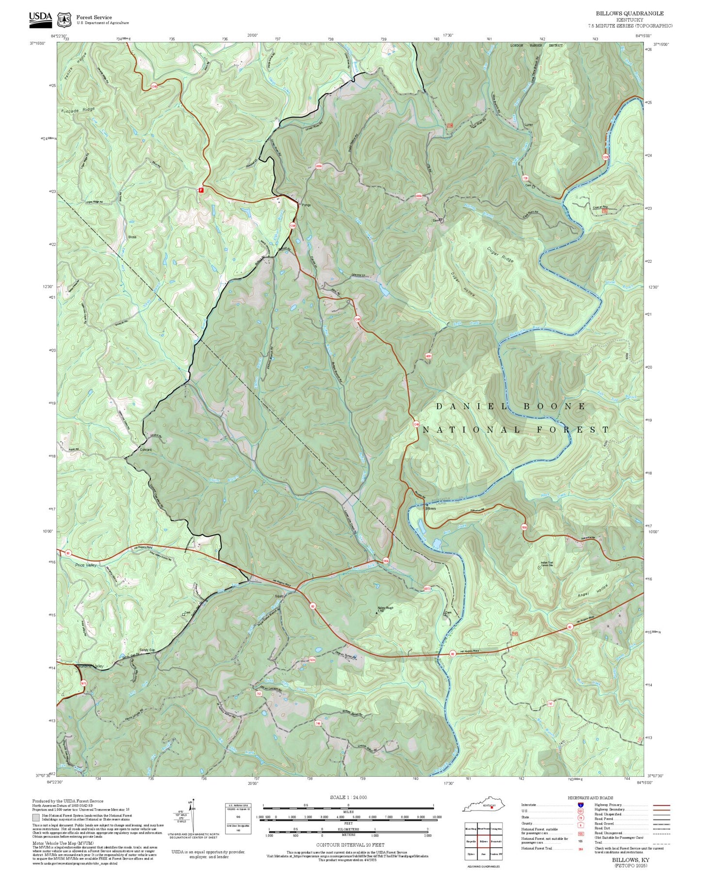 2025 Forest Service Topo Map of Billows Kentucky