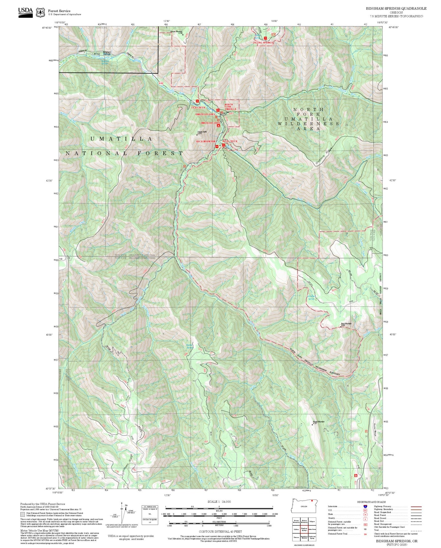 2025 Forest Service Topo Map of Bingham Springs Oregon